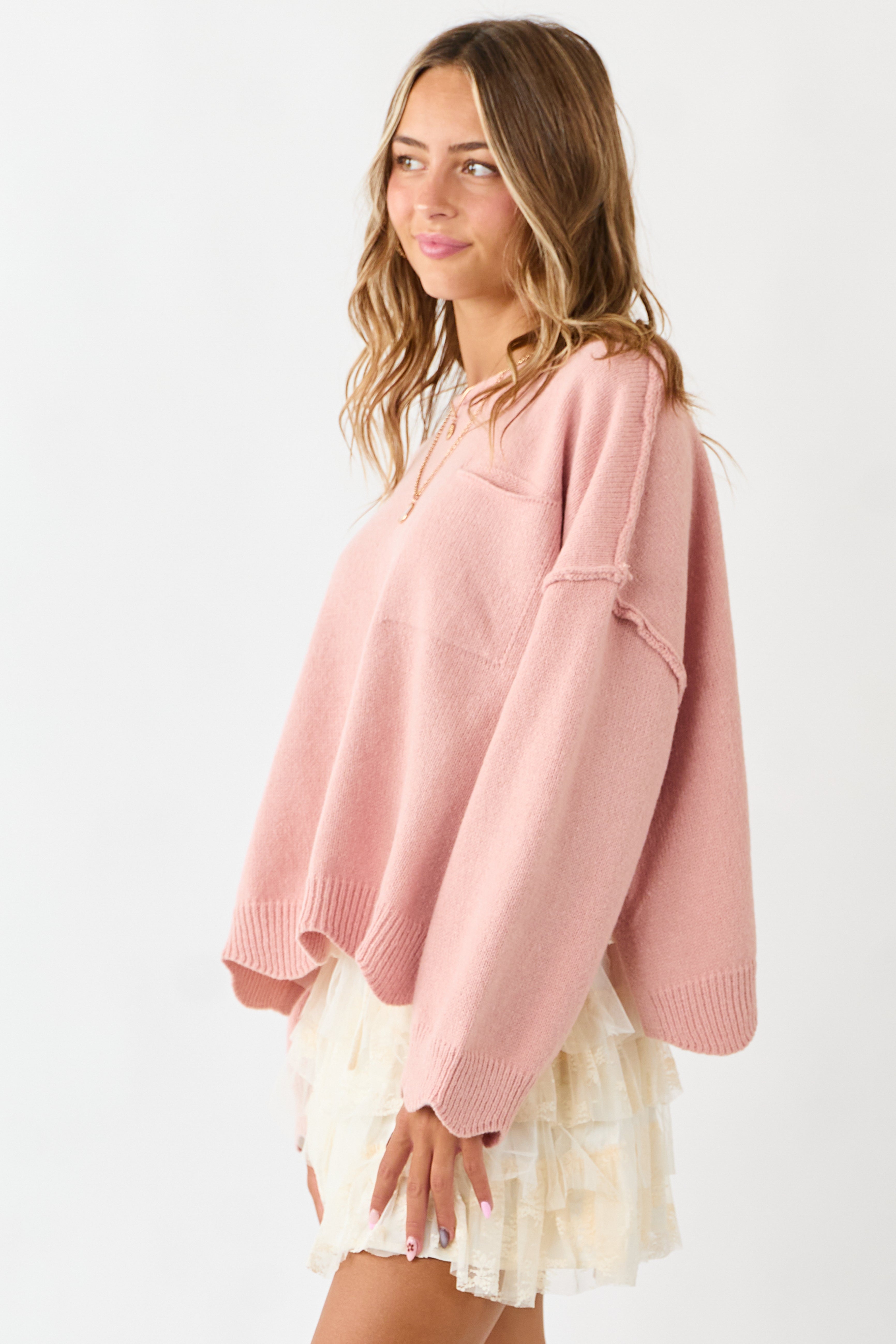 Lovelo Cherry Blossom Scallop Trim Relaxed Sweater