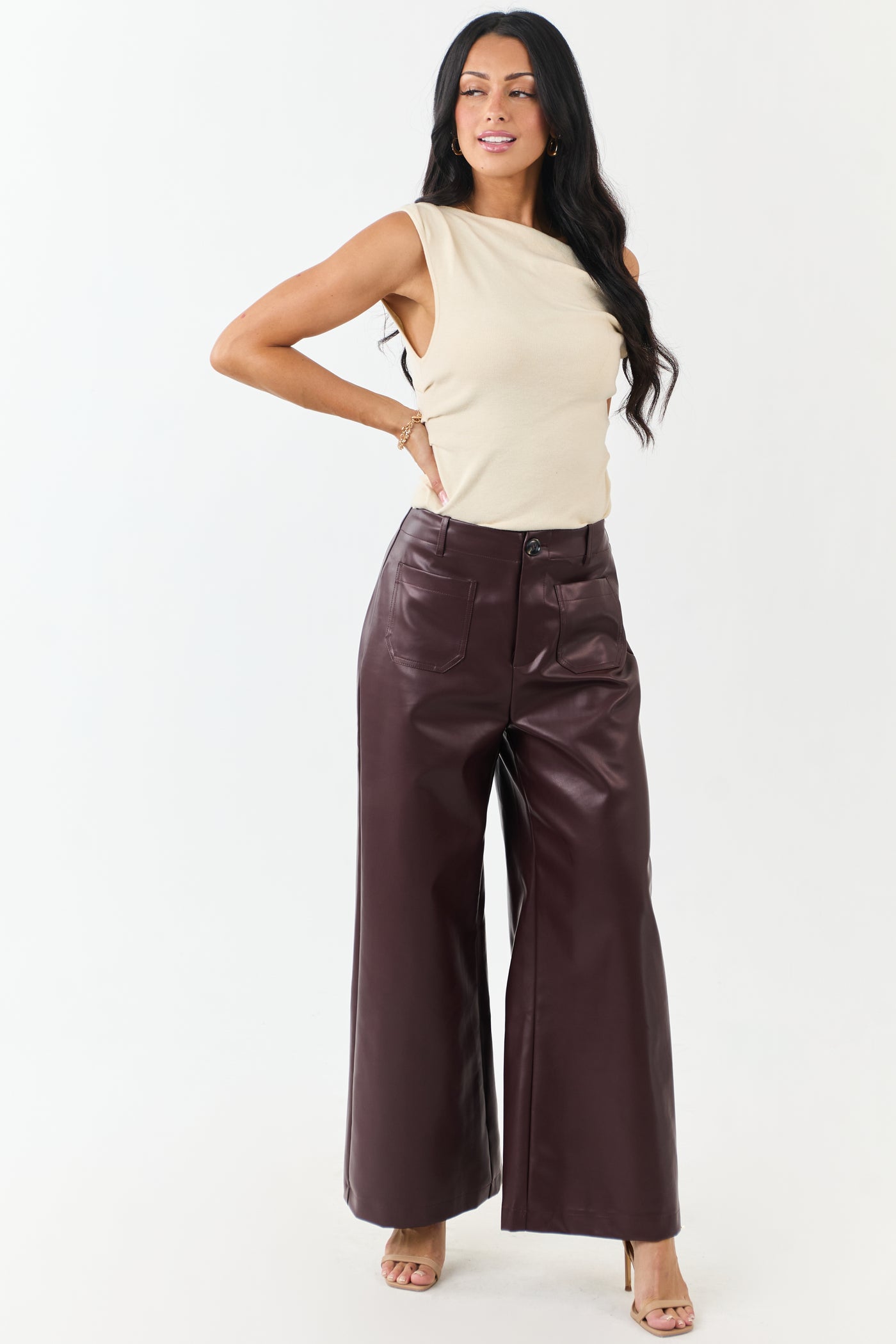 Lovelo Chocolate Faux Leather Wide Leg Pants