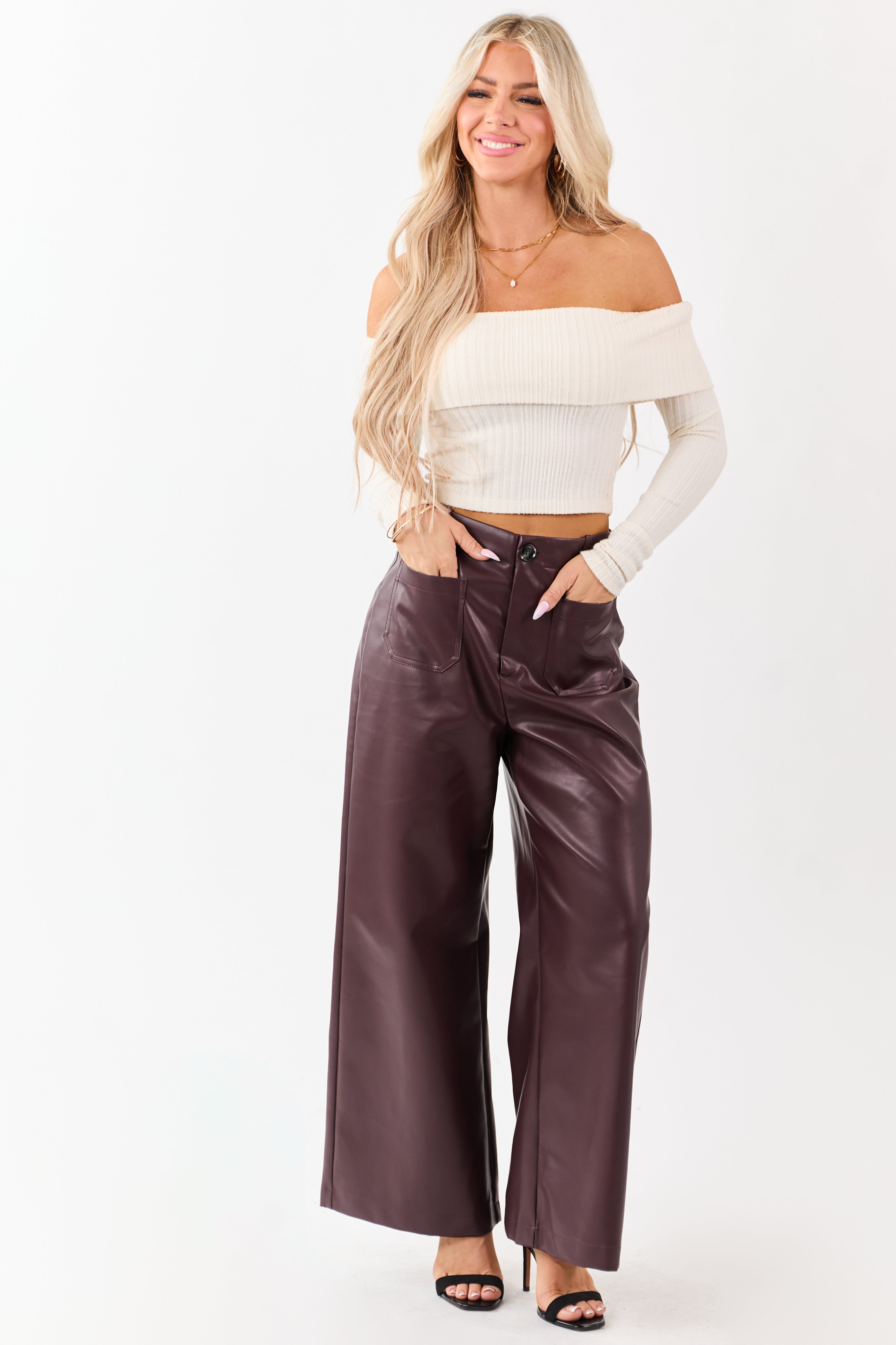 Lovelo Chocolate Faux Leather Wide Leg Pants