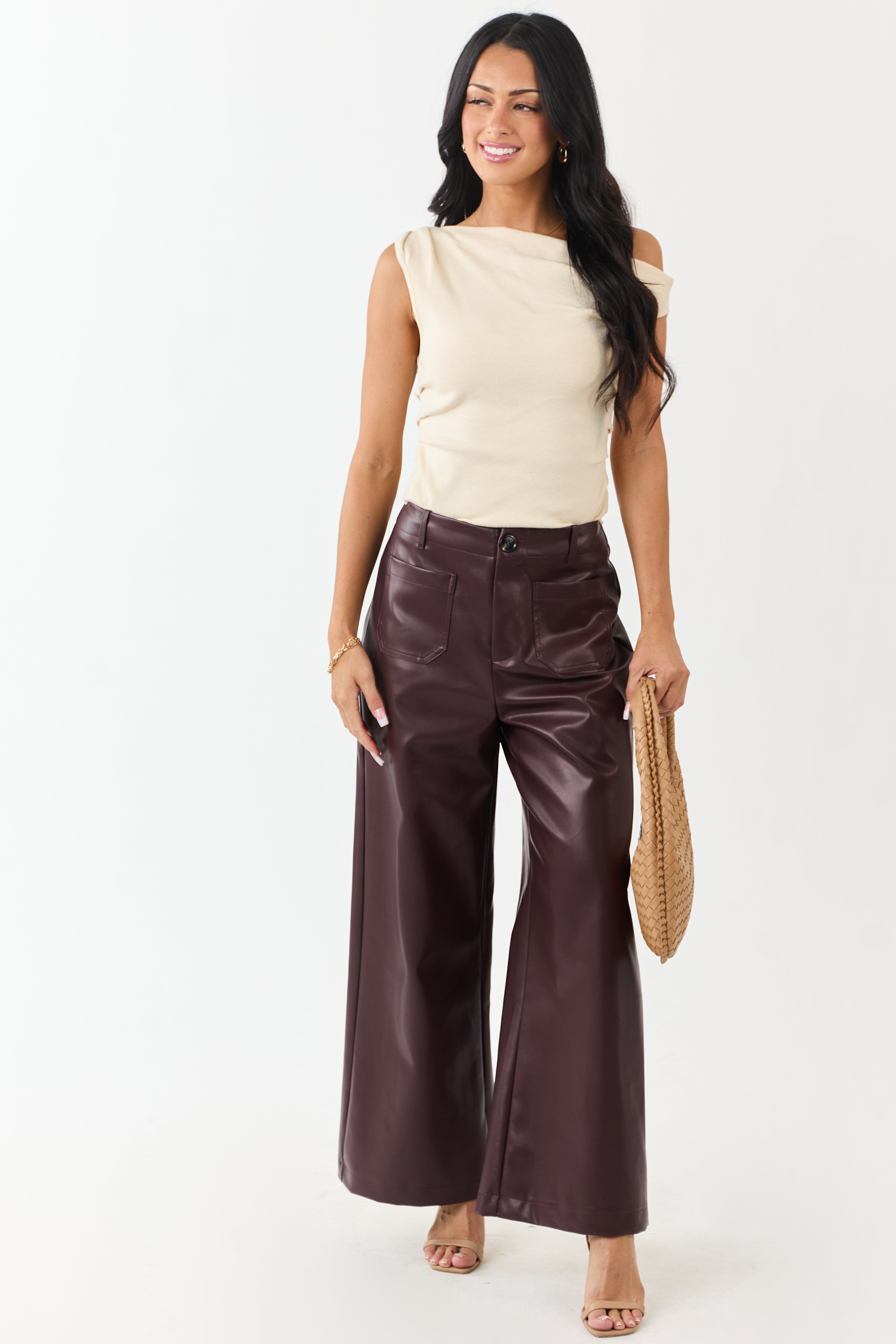 Lovelo Chocolate Faux Leather Wide Leg Pants