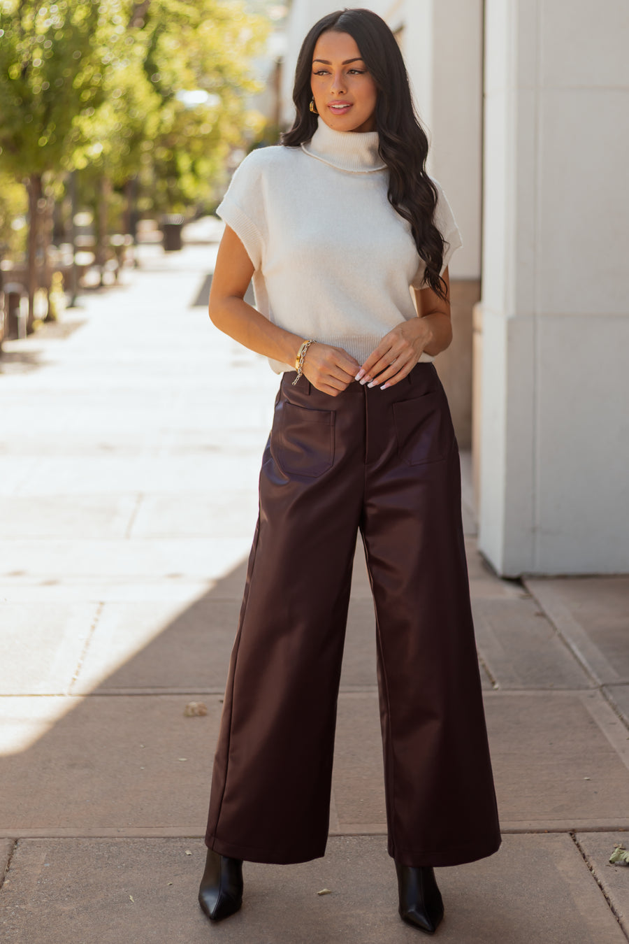 Lovelo Chocolate Faux Leather Wide Leg Pants