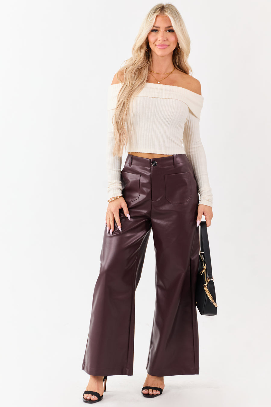 Lovelo Chocolate Faux Leather Wide Leg Pants