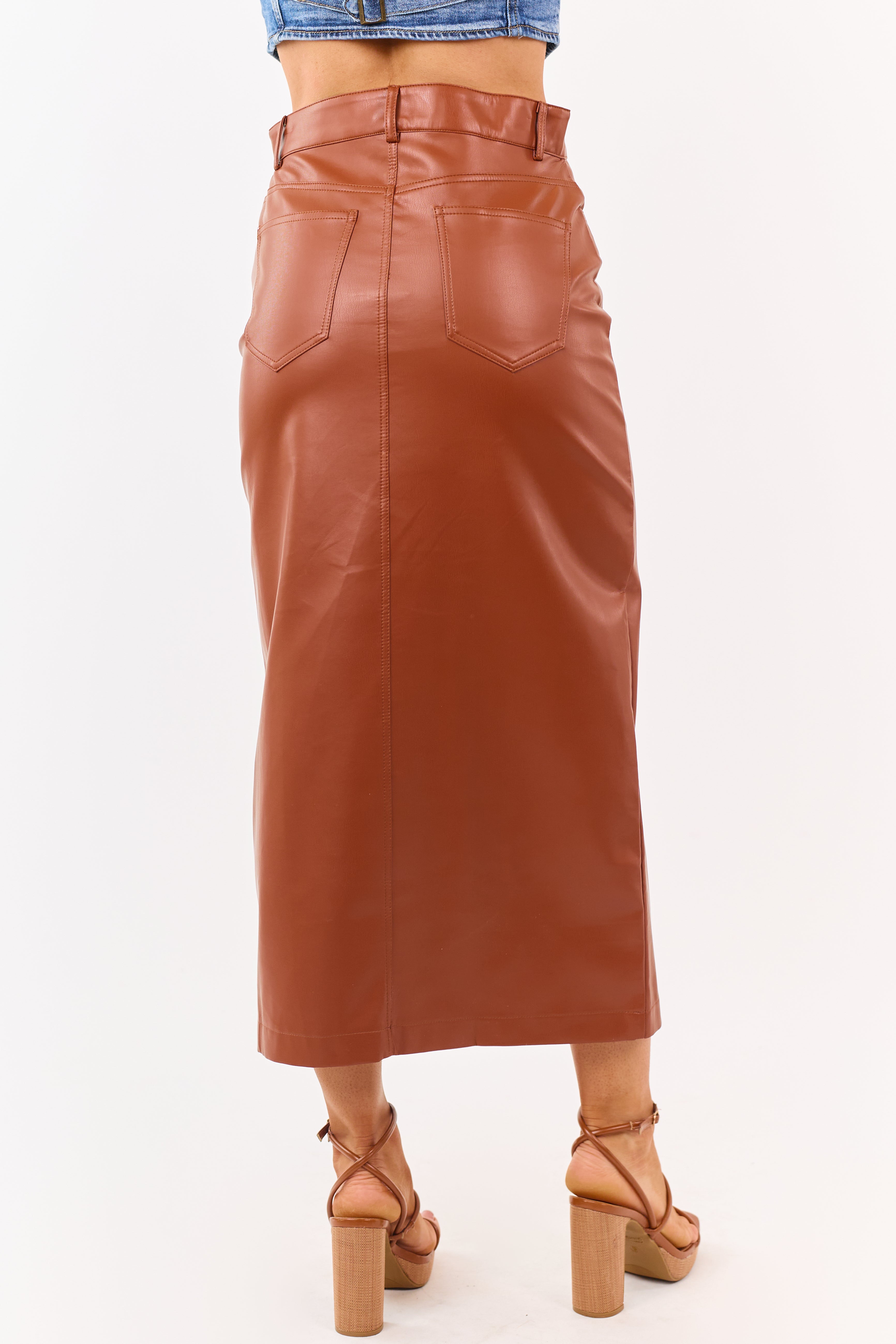 Lovelo Cinnamon Faux Leather Front Slit Midi Skirt