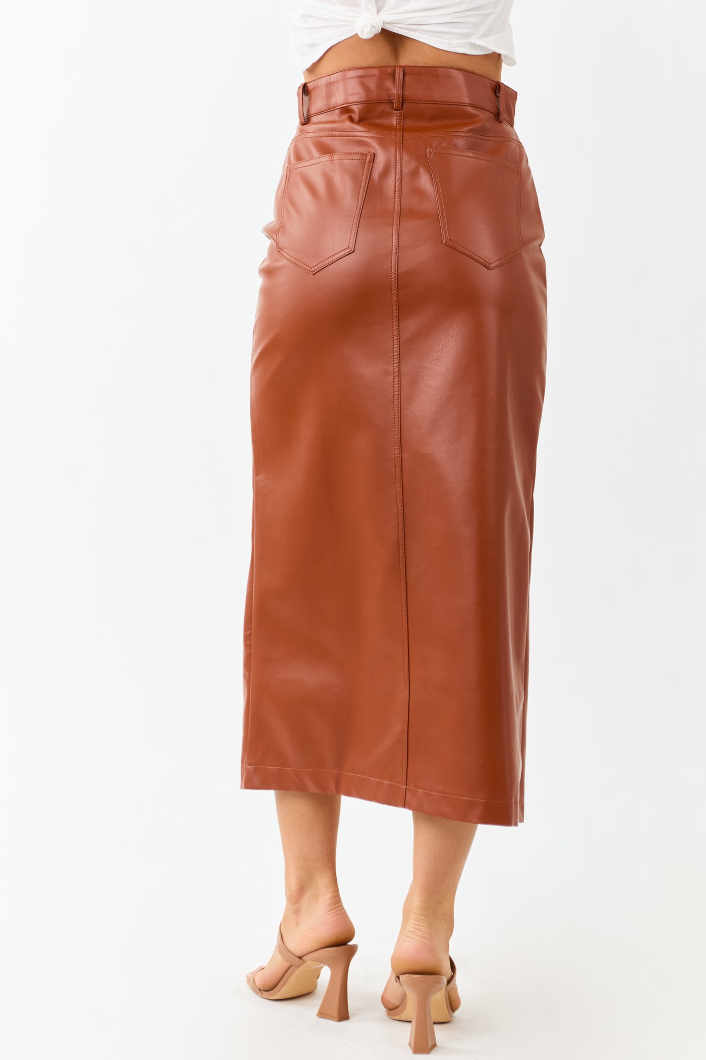 Lovelo Cinnamon Faux Leather Front Slit Midi Skirt