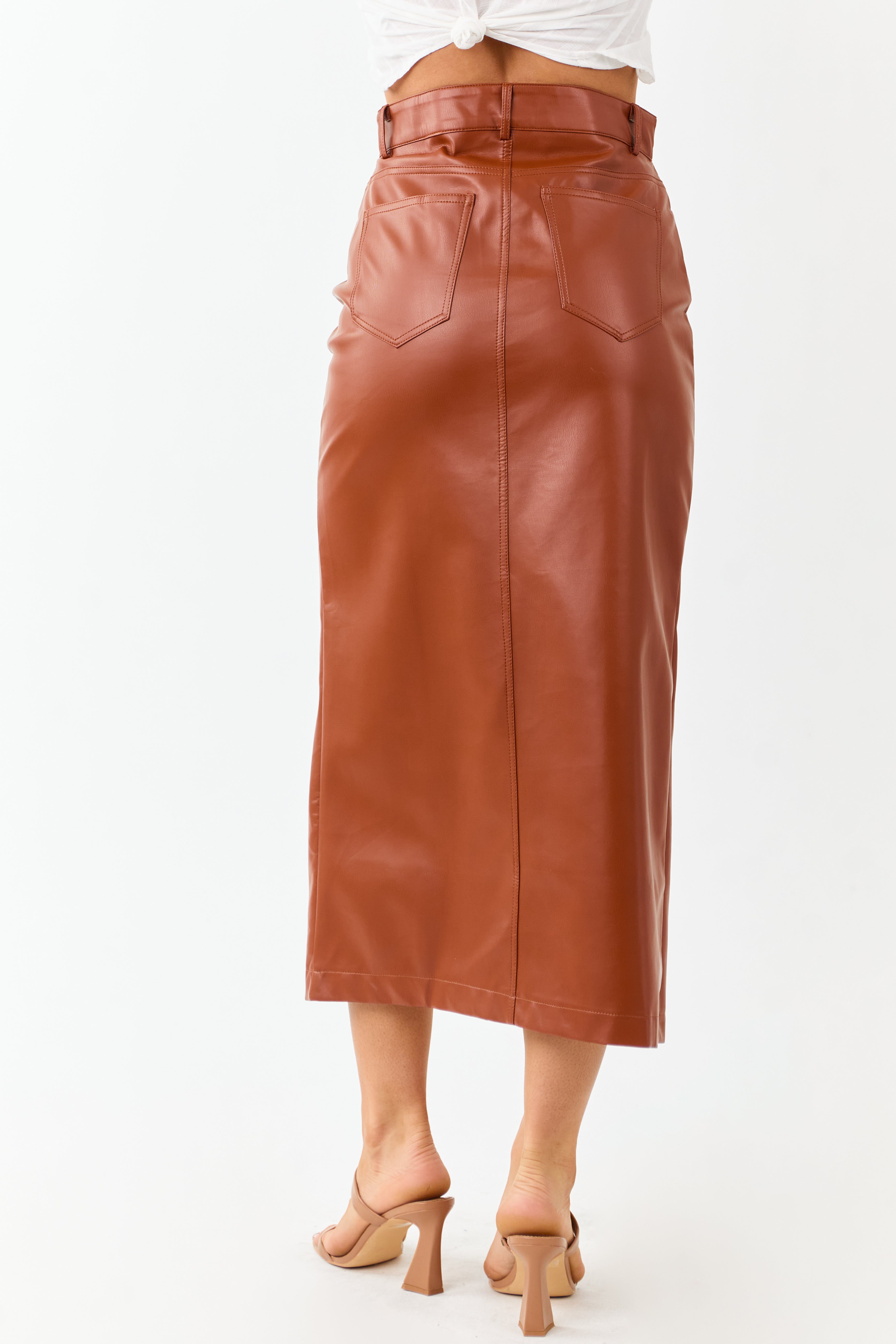 Lovelo Cinnamon Faux Leather Front Slit Midi Skirt