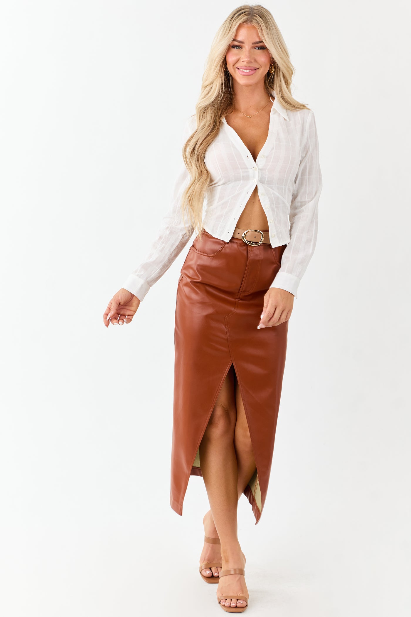 Lovelo Cinnamon Faux Leather Front Slit Midi Skirt