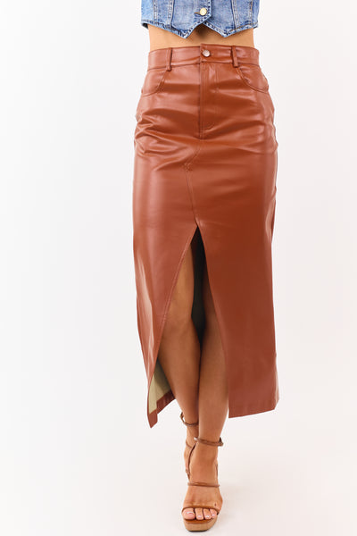 Lovelo Cinnamon Faux Leather Front Slit Midi Skirt