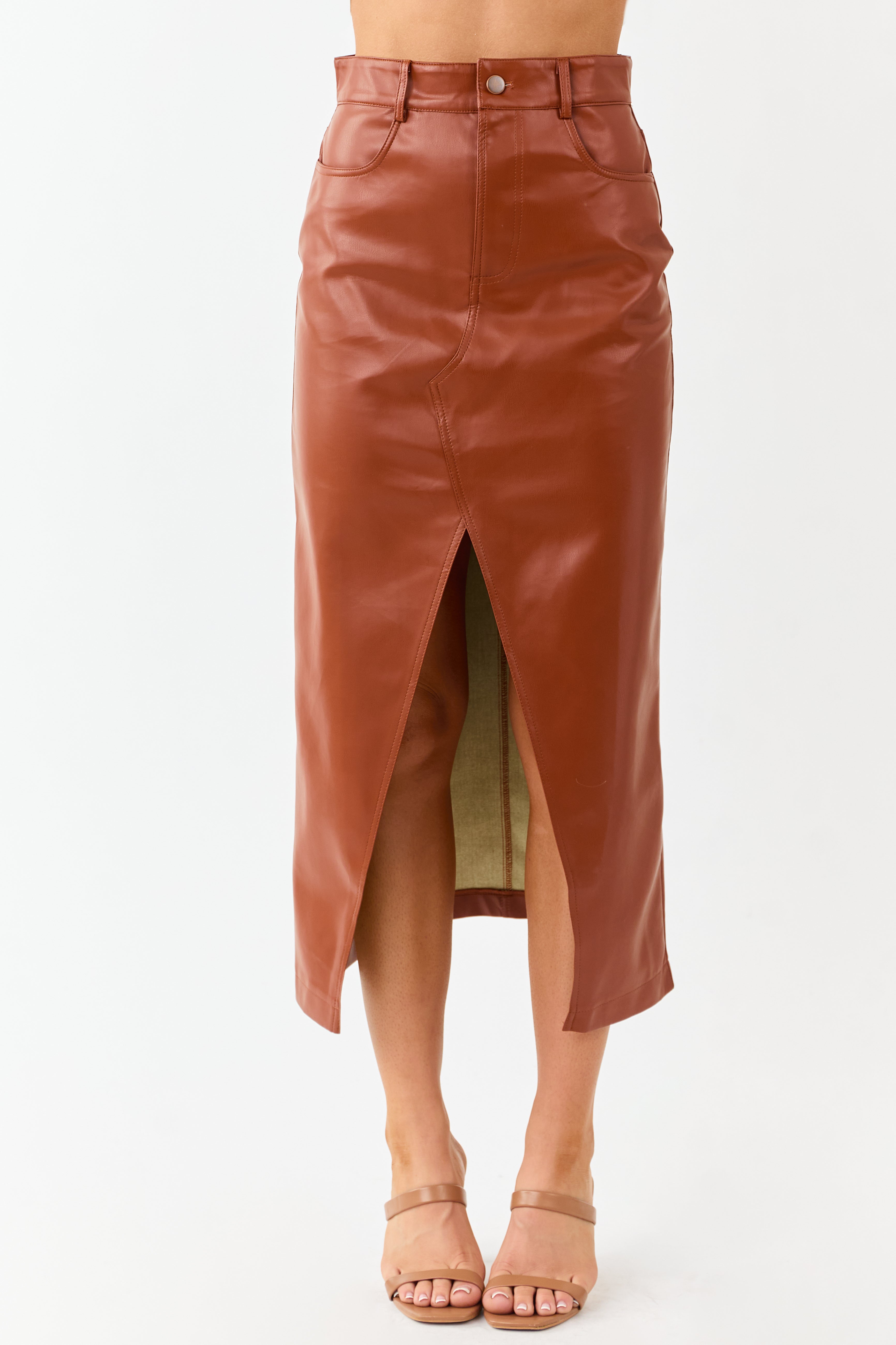 Lovelo Cinnamon Faux Leather Front Slit Midi Skirt