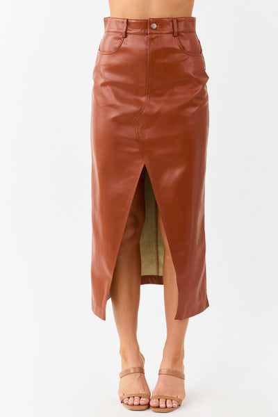 Lovelo Cinnamon Faux Leather Front Slit Midi Skirt