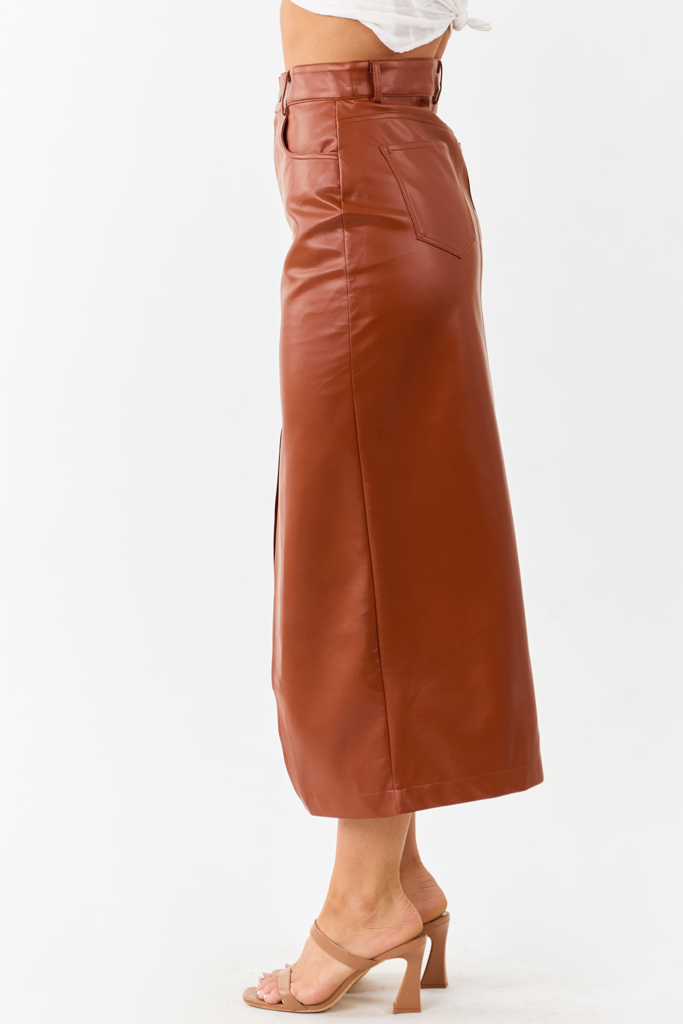 Lovelo Cinnamon Faux Leather Front Slit Midi Skirt