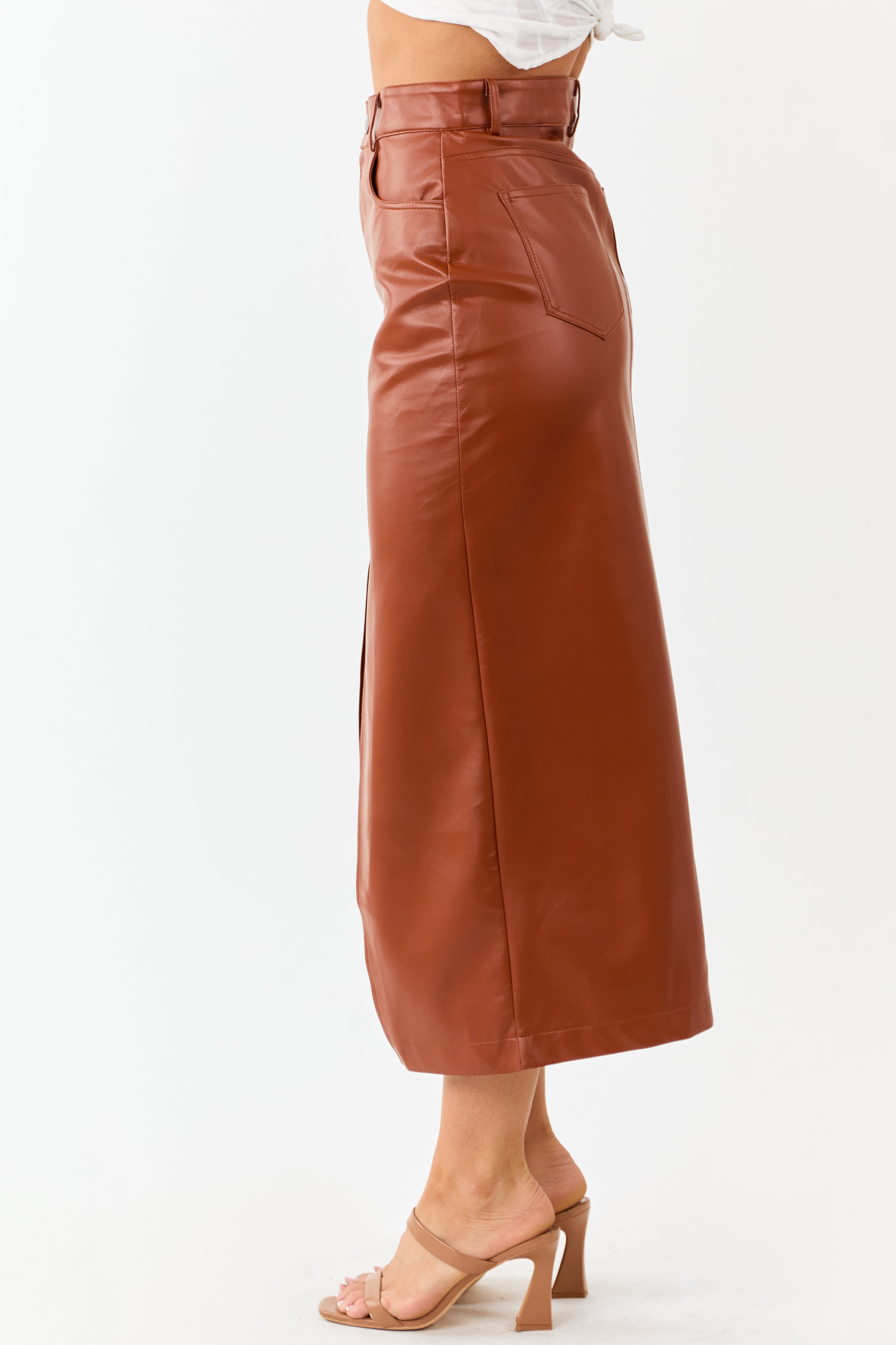 Lovelo Cinnamon Faux Leather Front Slit Midi Skirt