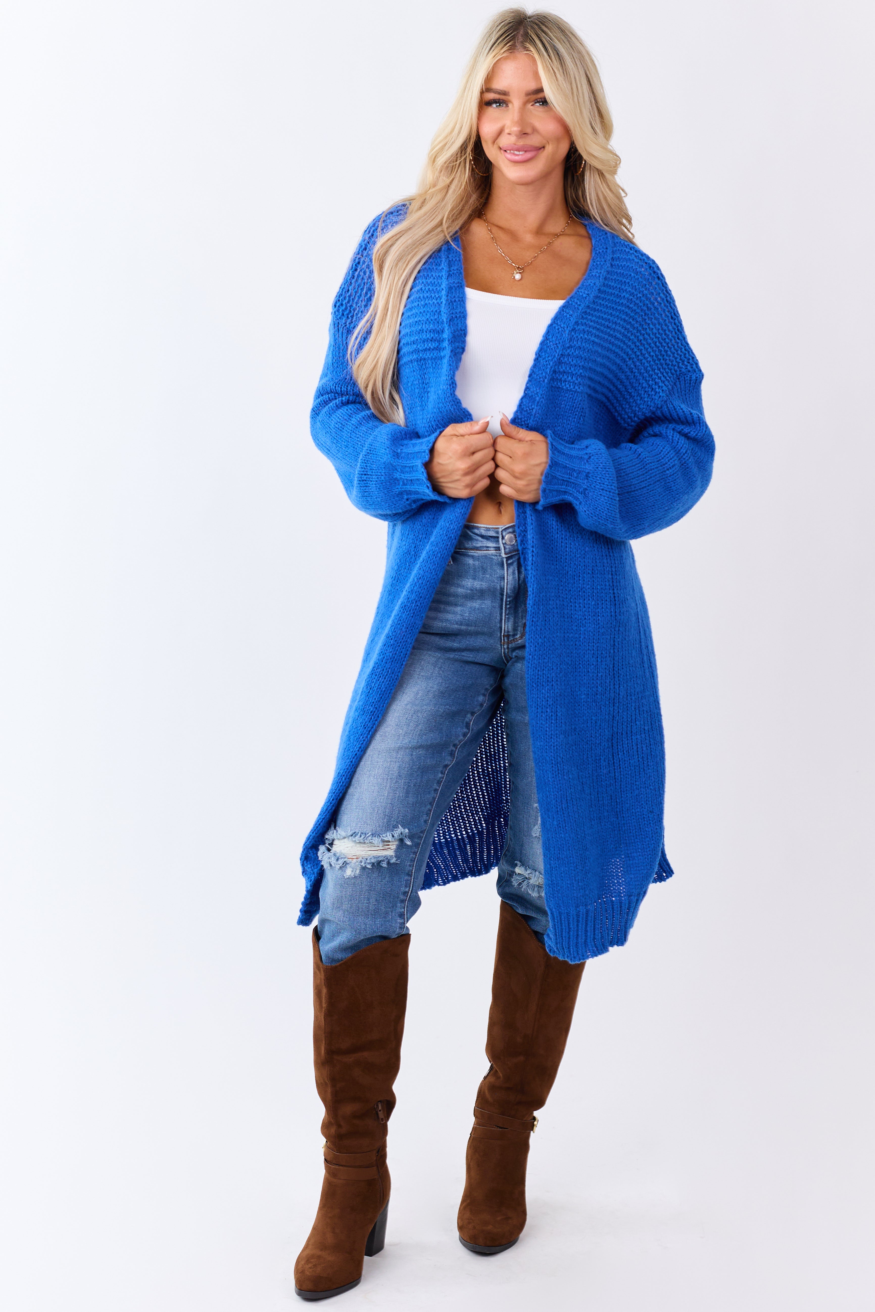 Lovelo Cobalt Knit Open Front Duster Cardigan | Lime Lush Boutique