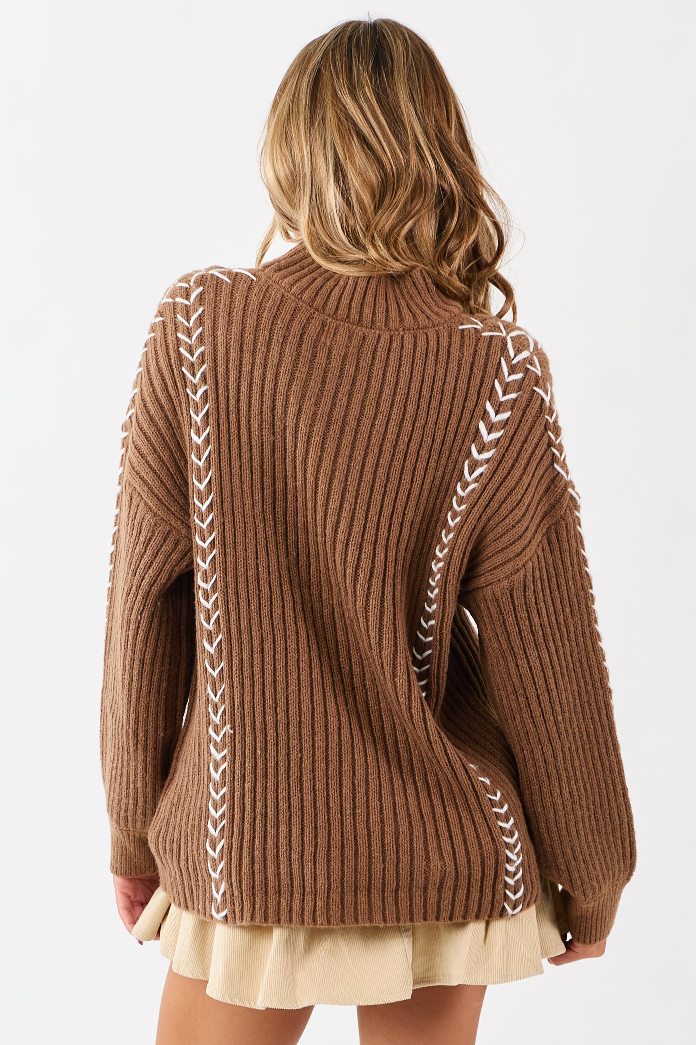 Lovelo Coffee Contrast Whip Stitch Mock Neck Sweater