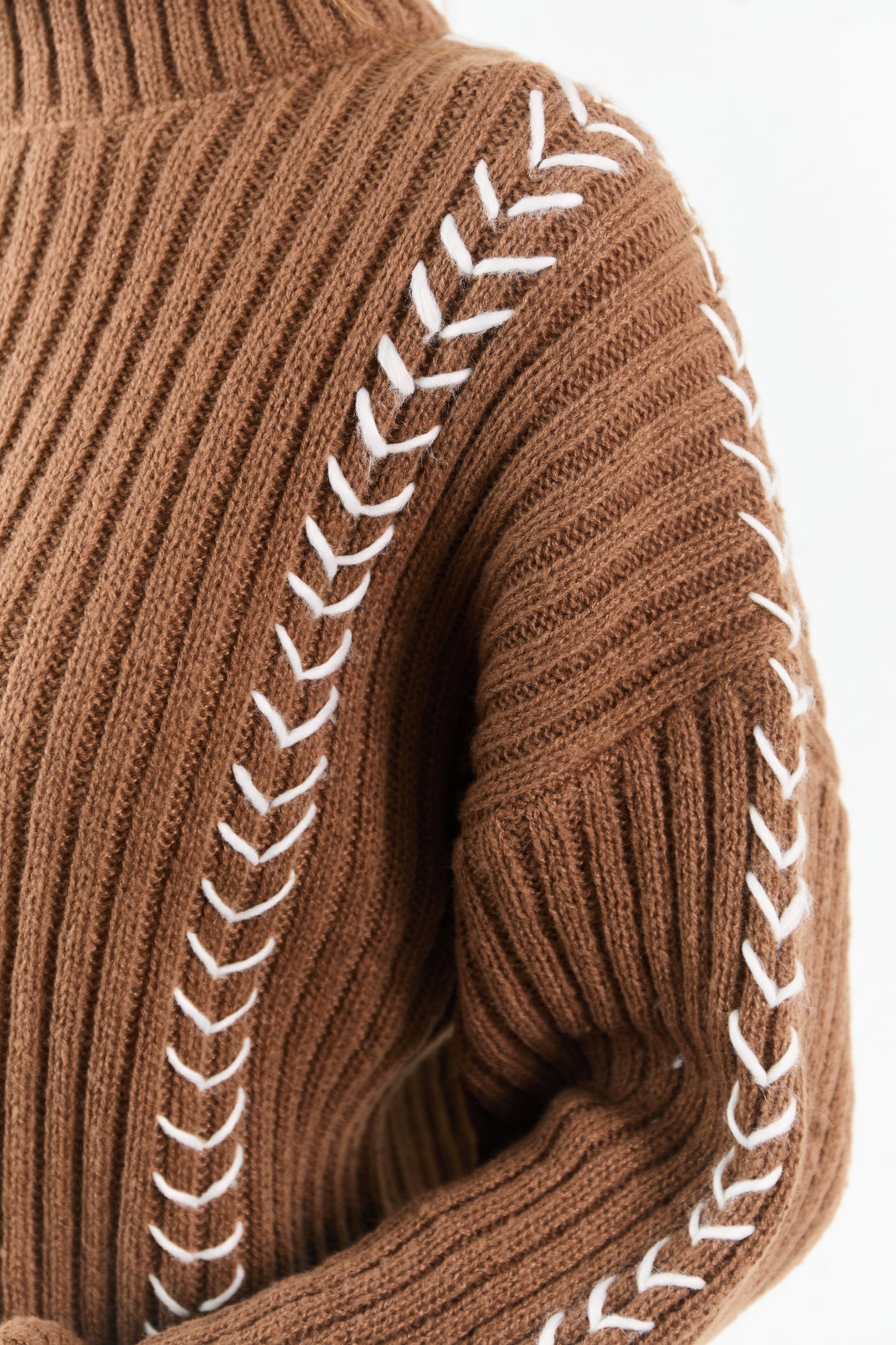 Lovelo Coffee Contrast Whip Stitch Mock Neck Sweater