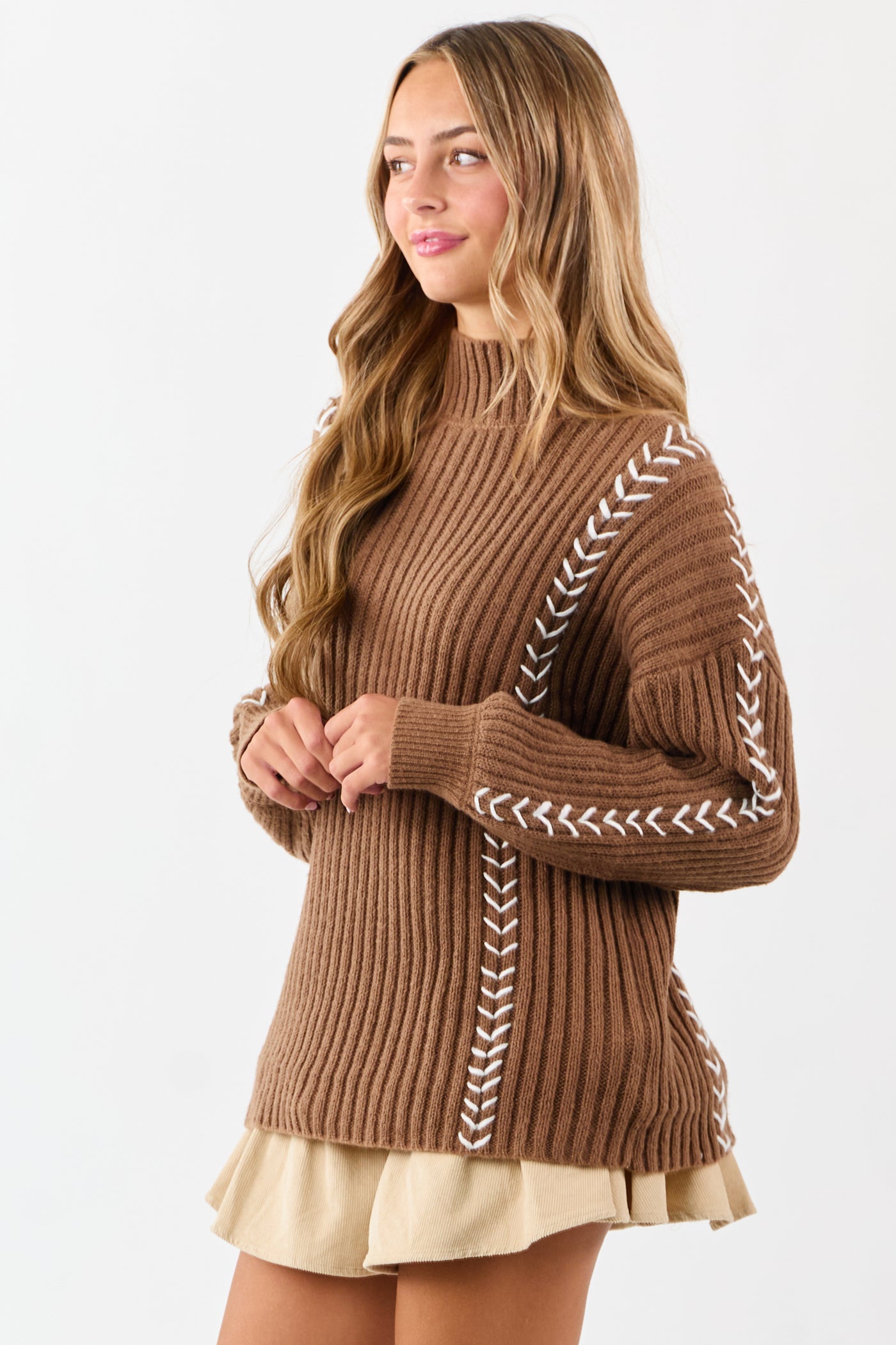 Lovelo Coffee Contrast Whip Stitch Mock Neck Sweater