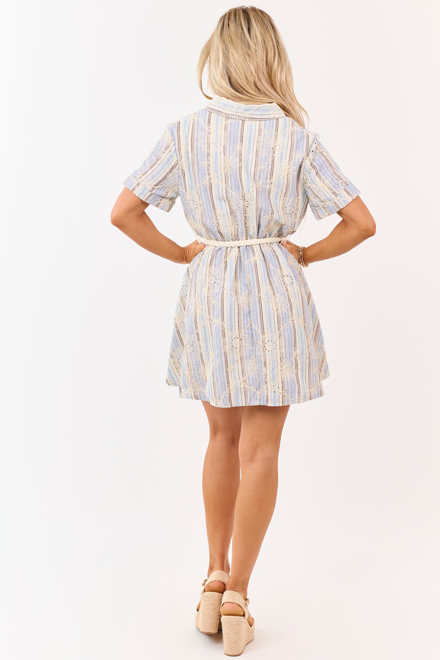 Lovelo Cornflower Striped Eyelet Mini Shirt Dress