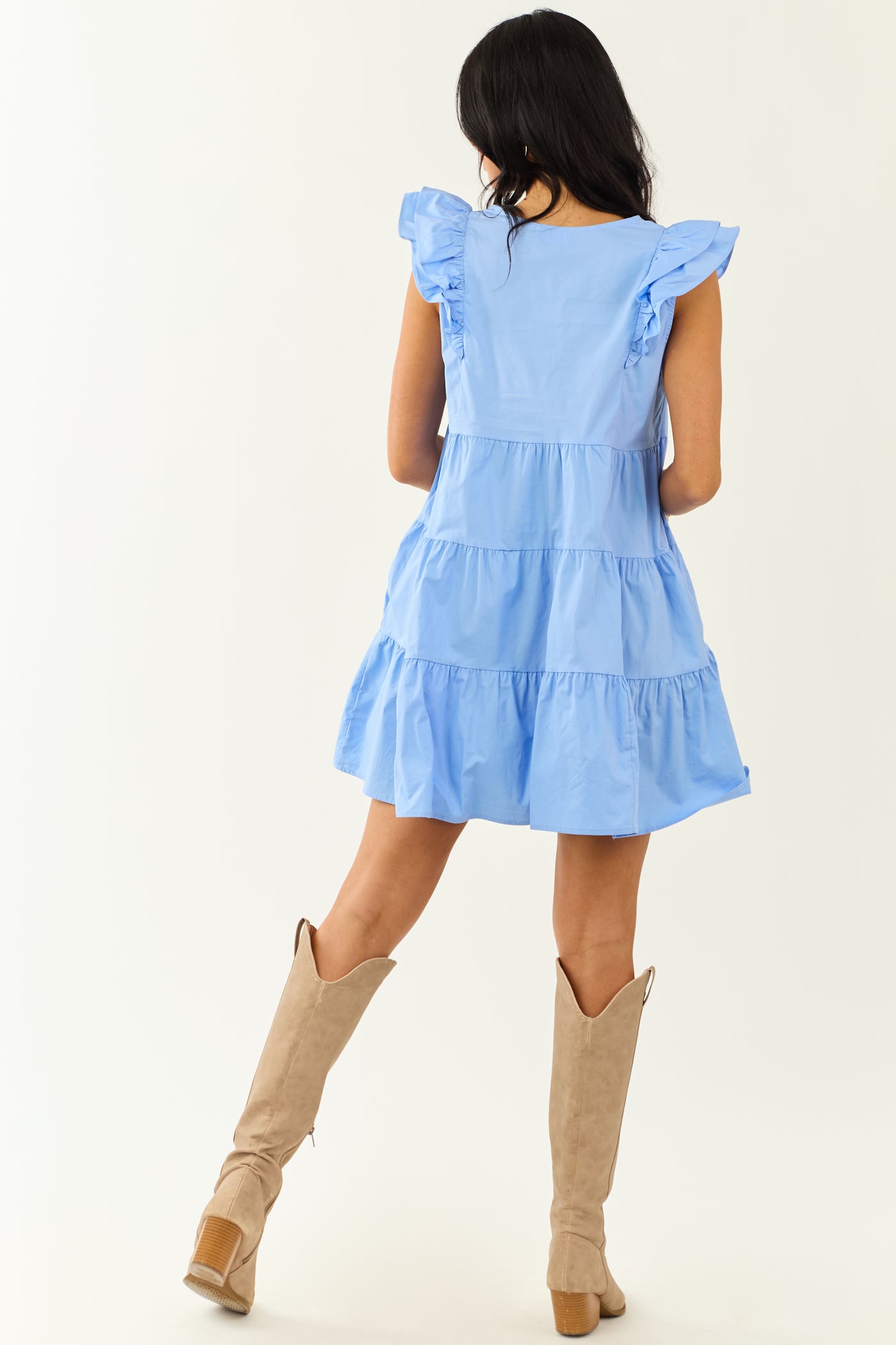 Lovelo Cornflower Tiered V Neck Cotton Mini Dress