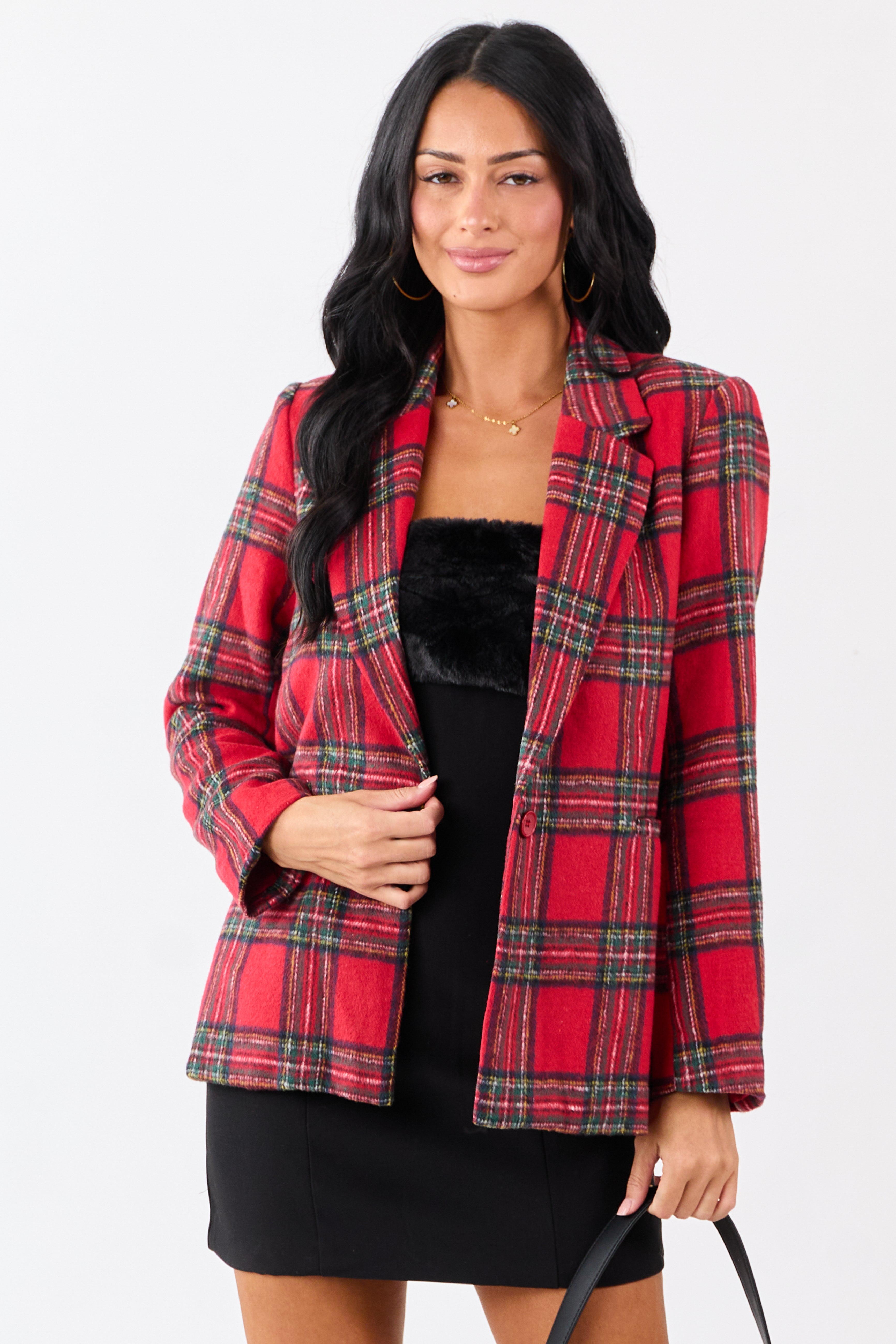 Lovelo Cranberry Plaid Flannel Button Down Blazer
