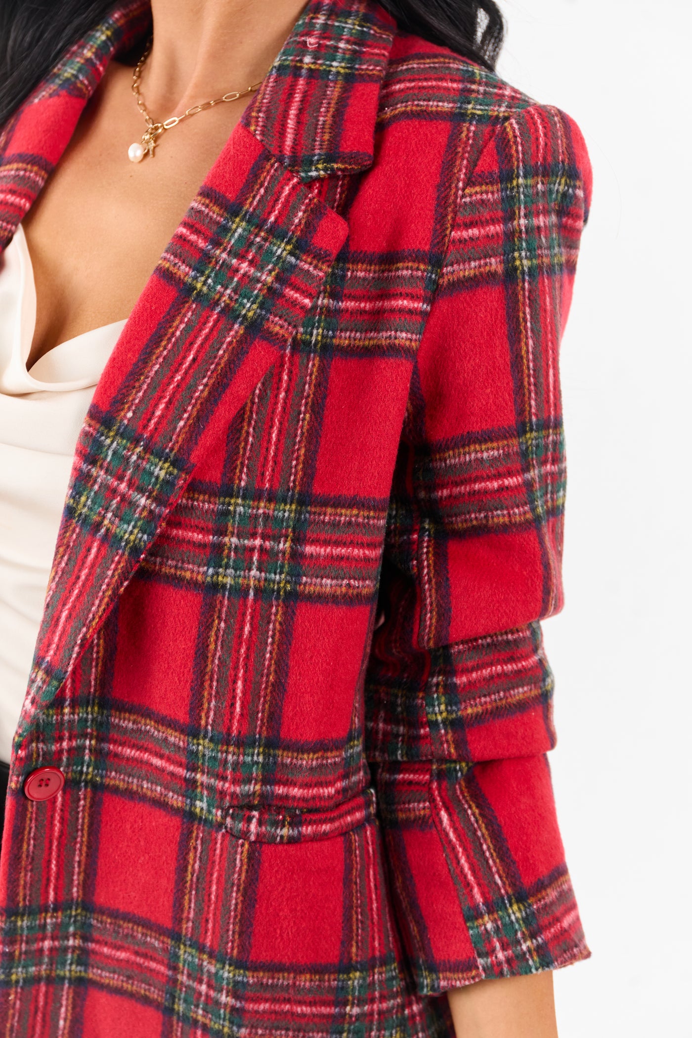 Lovelo Cranberry Plaid Flannel Button Down Blazer