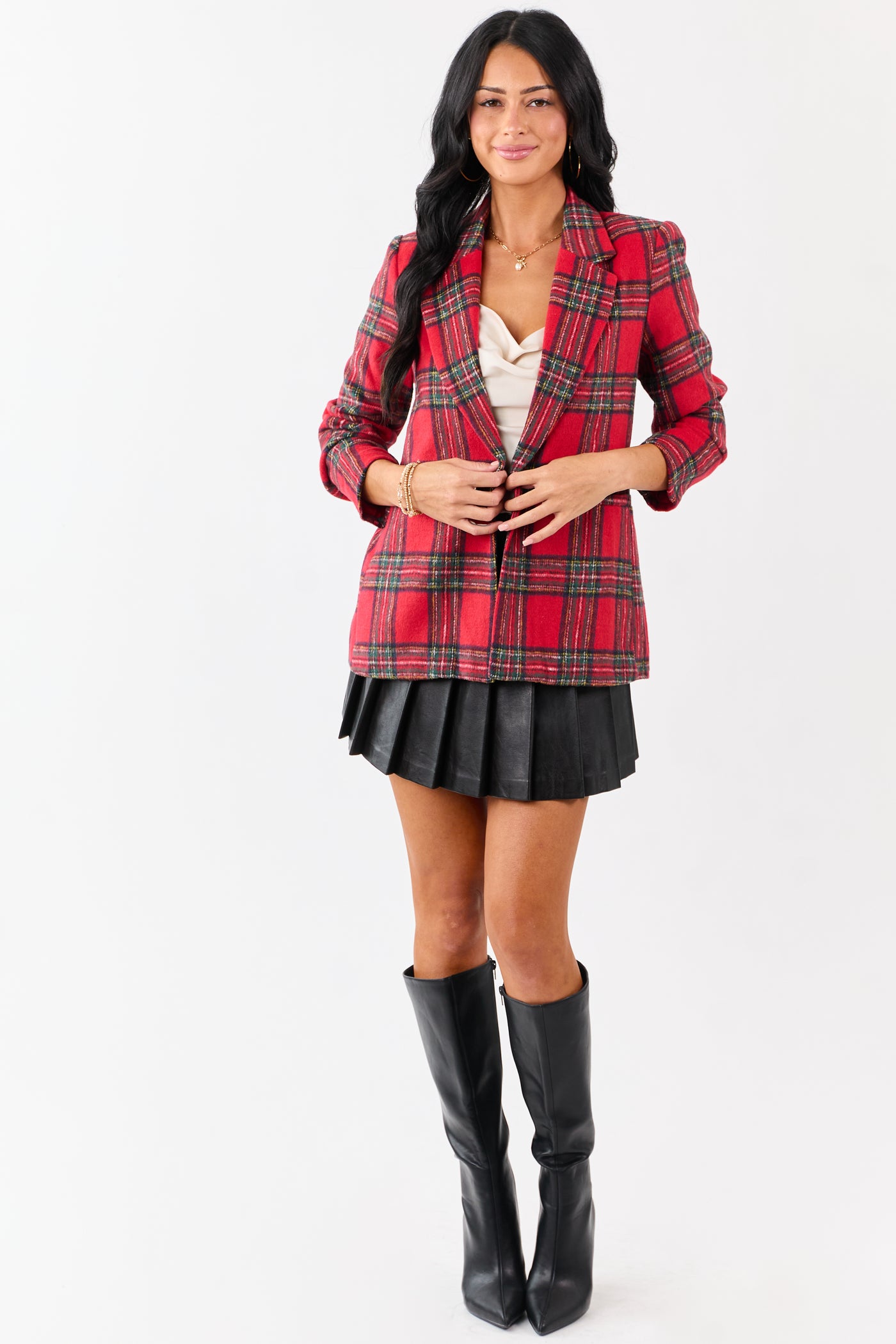 Lovelo Cranberry Plaid Flannel Button Down Blazer