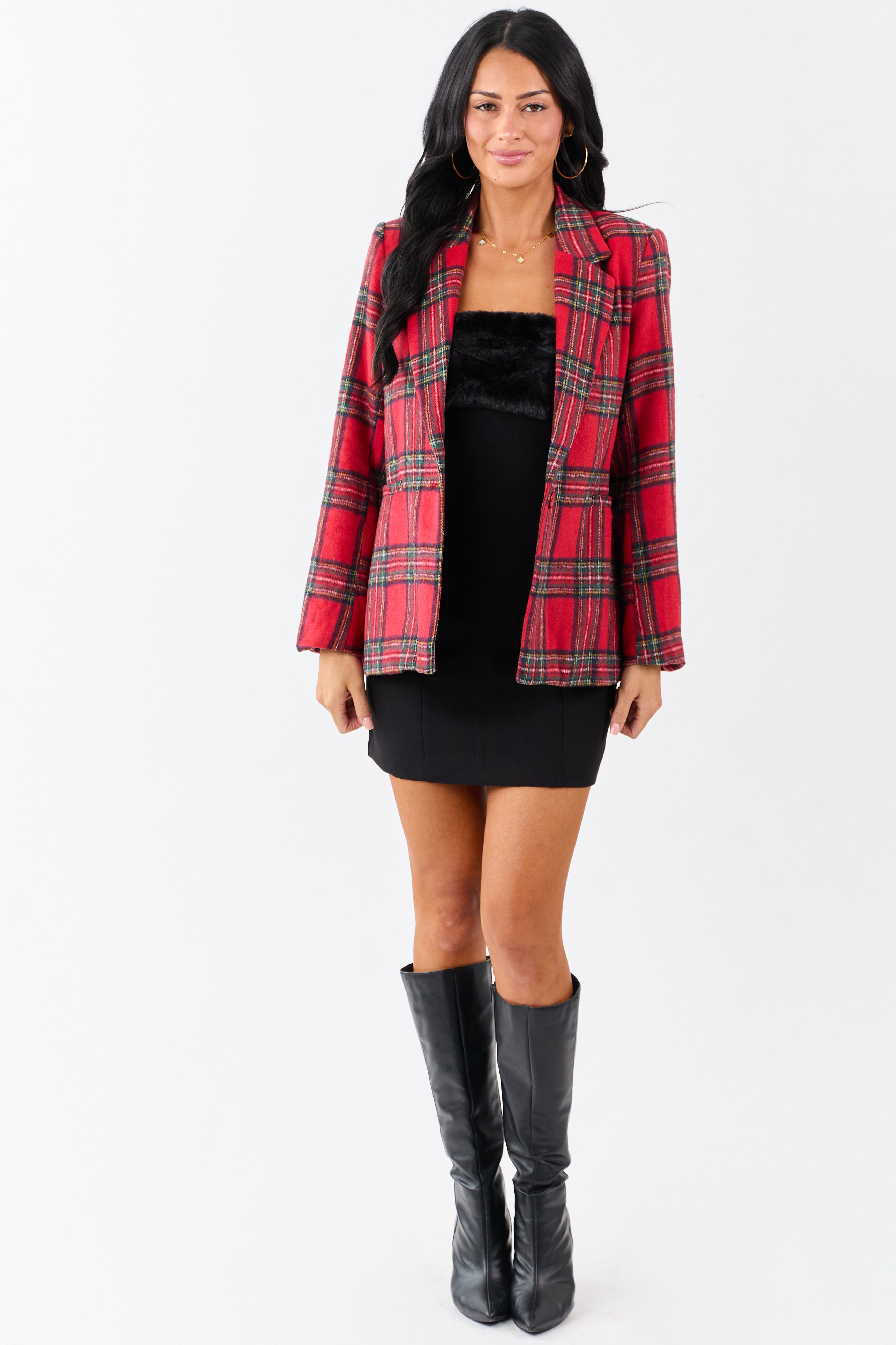 Lovelo Cranberry Plaid Flannel Button Down Blazer
