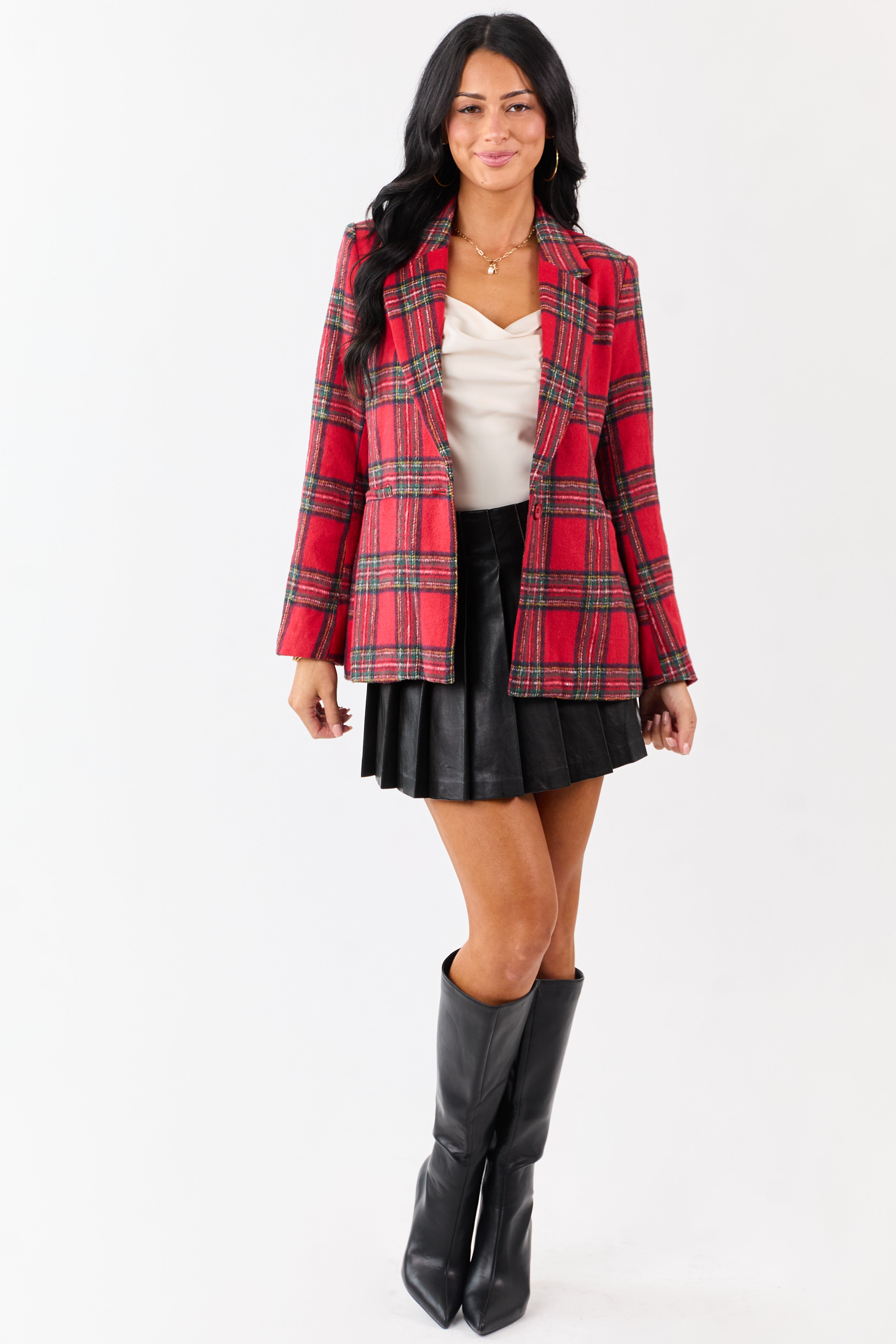 Lovelo Cranberry Plaid Flannel Button Down Blazer