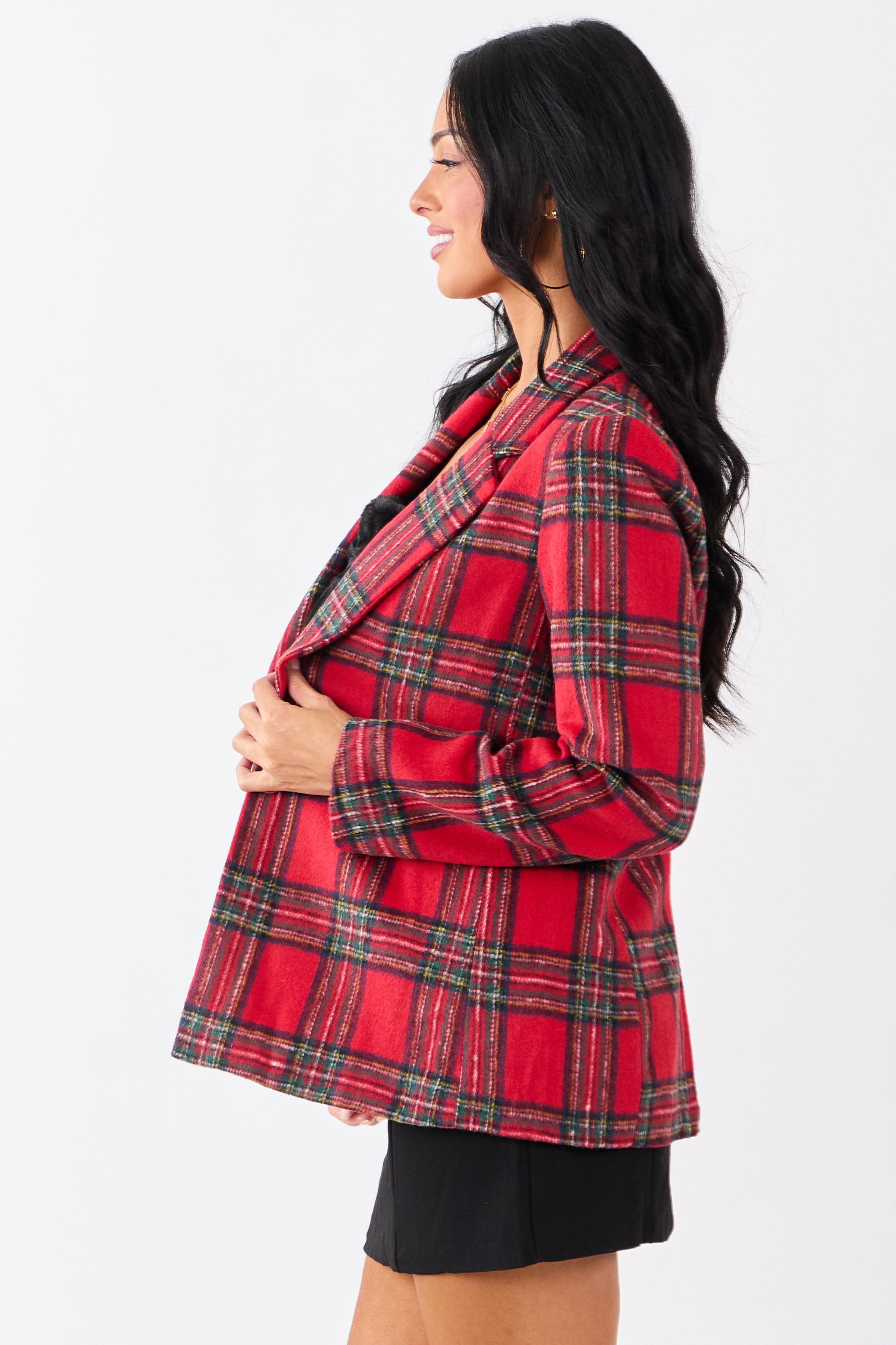 Lovelo Cranberry Plaid Flannel Button Down Blazer