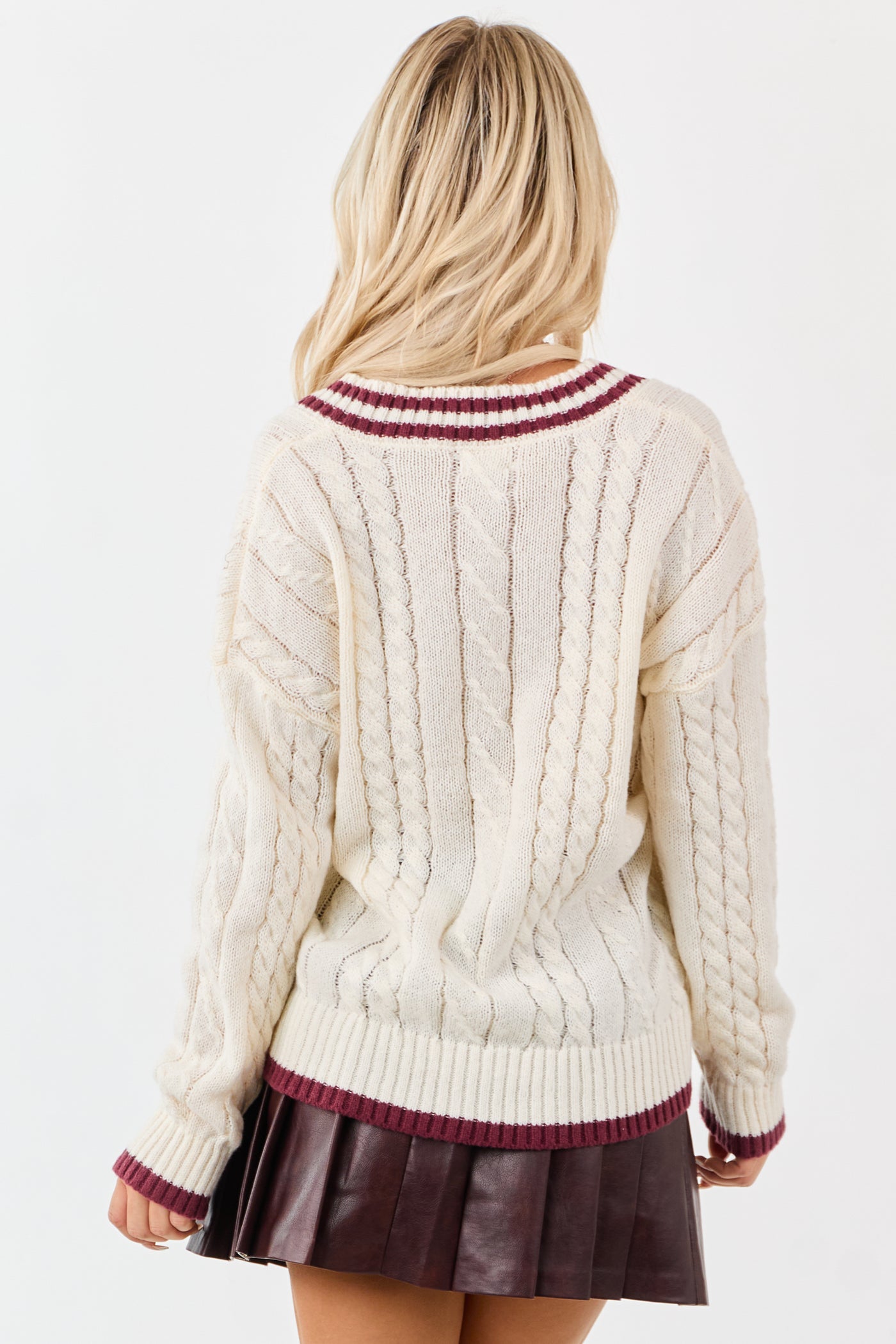 Lovelo Cream Cable Knit V Neck Contrast Trim Sweater