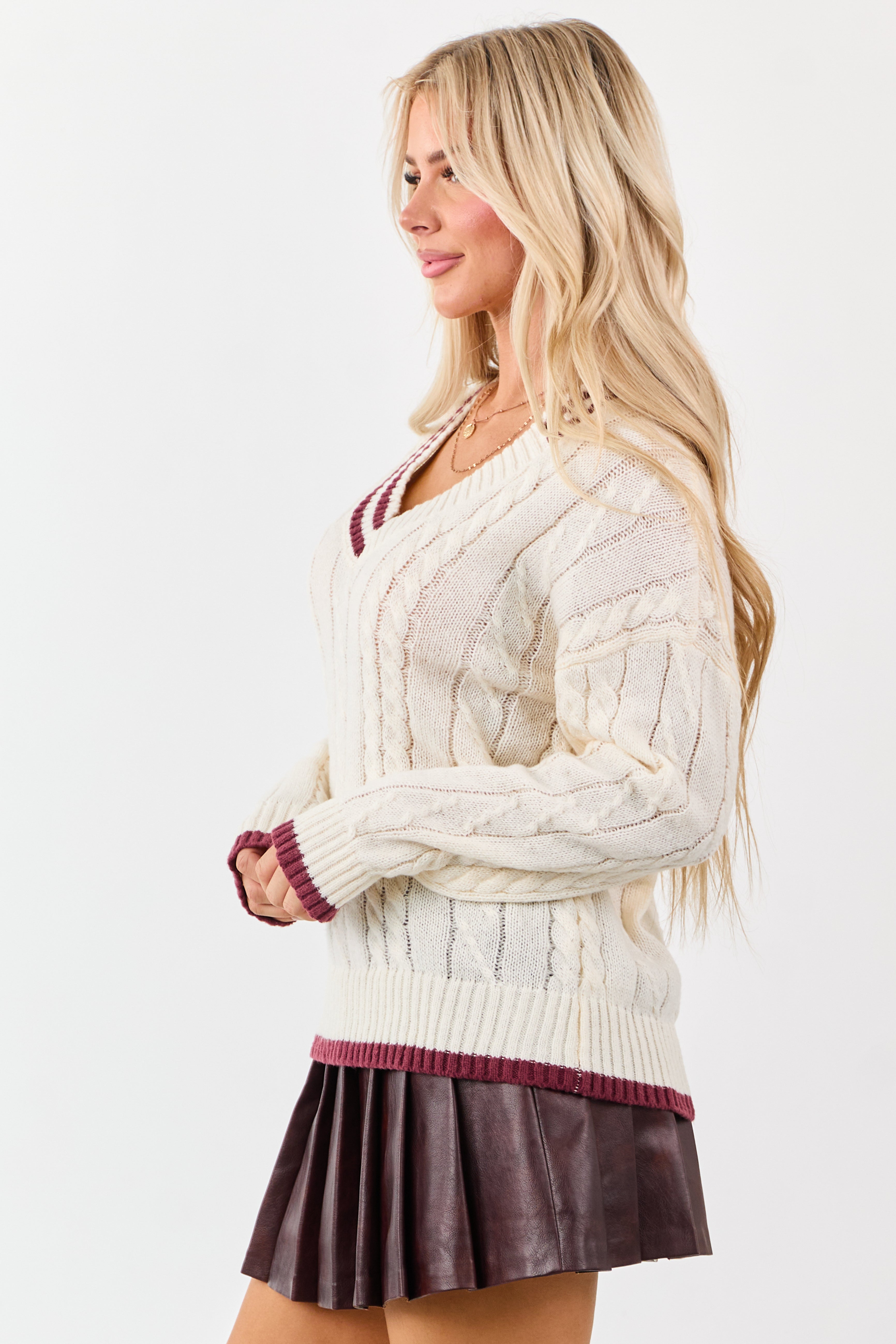 Lovelo Cream Cable Knit V Neck Contrast Trim Sweater