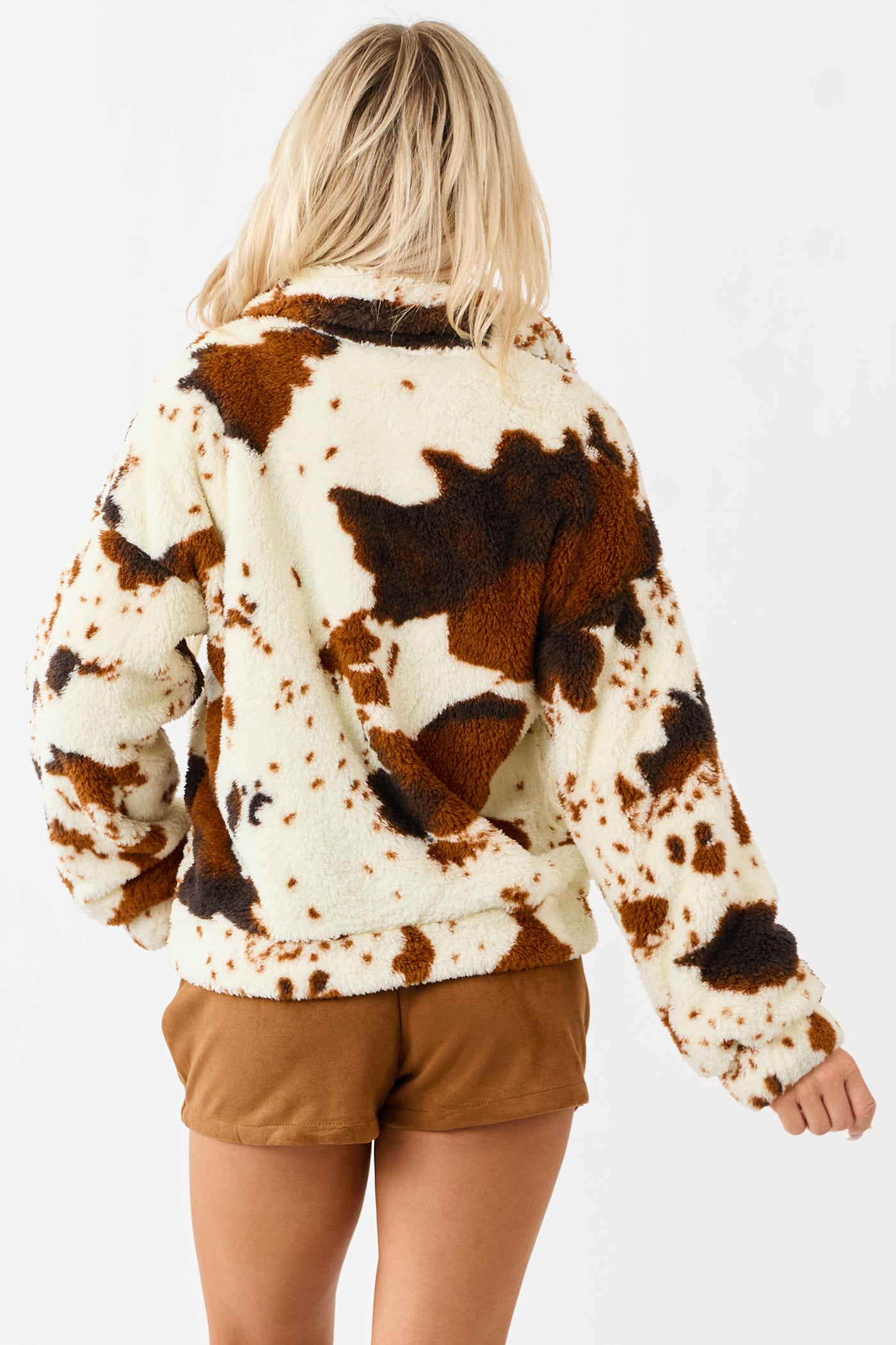 Lovelo Cream Cow Print Sherpa Zip Up Jacket