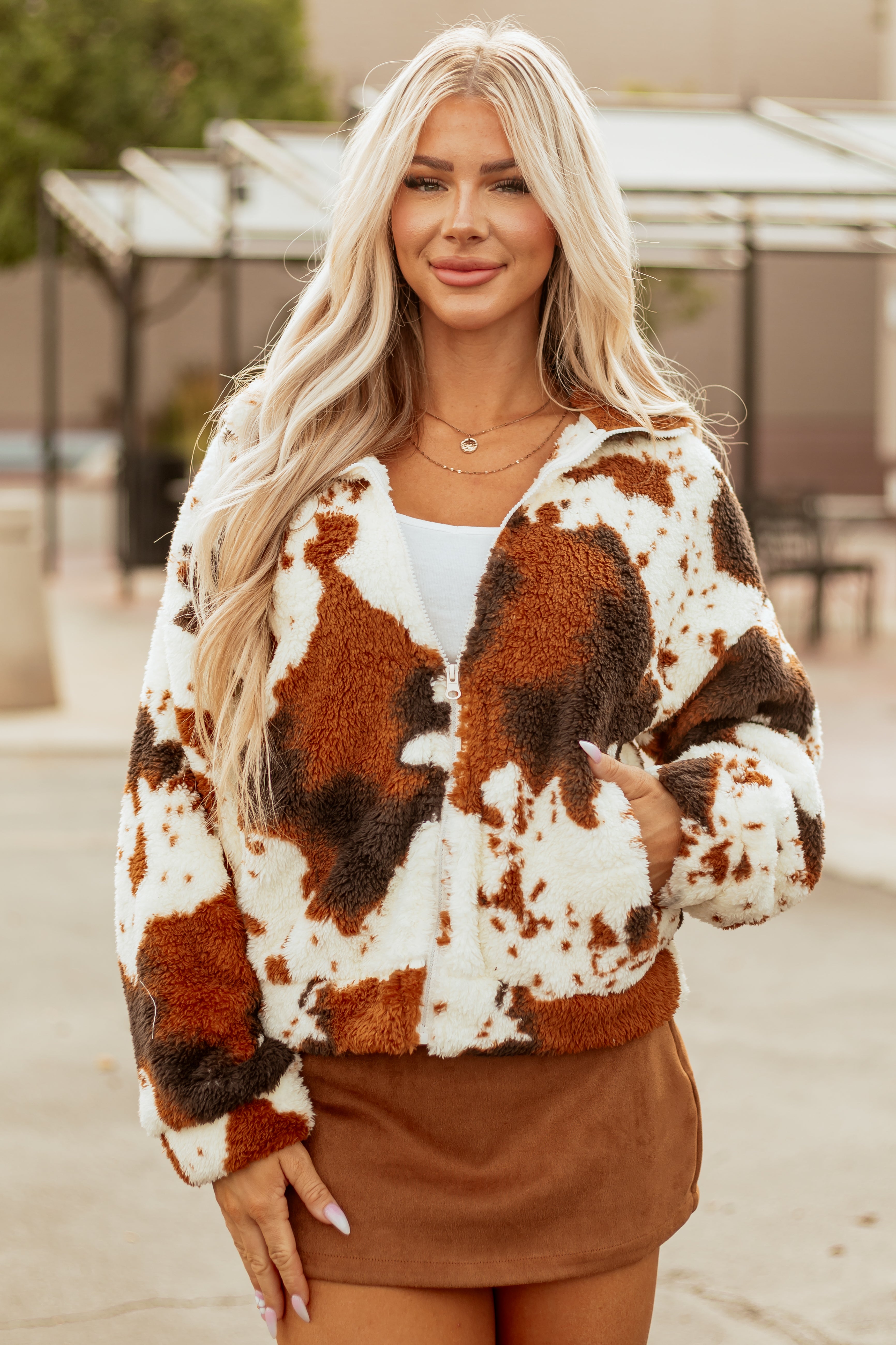 Lovelo Cream Cow Print Sherpa Zip Up Jacket