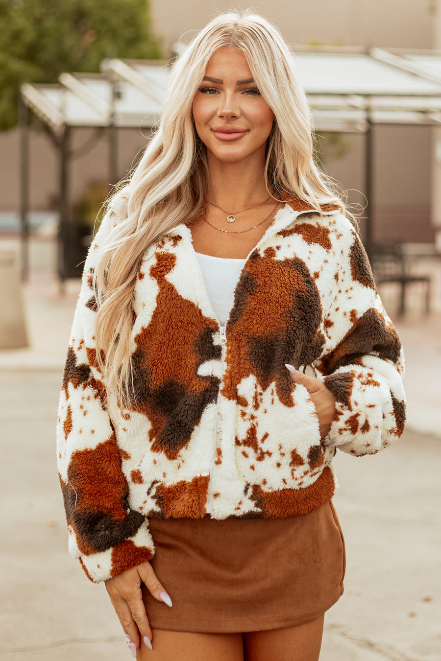 Lovelo Cream Cow Print Sherpa Zip Up Jacket