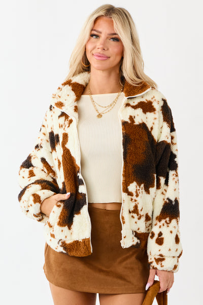 Lovelo Cream Cow Print Sherpa Zip Up Jacket