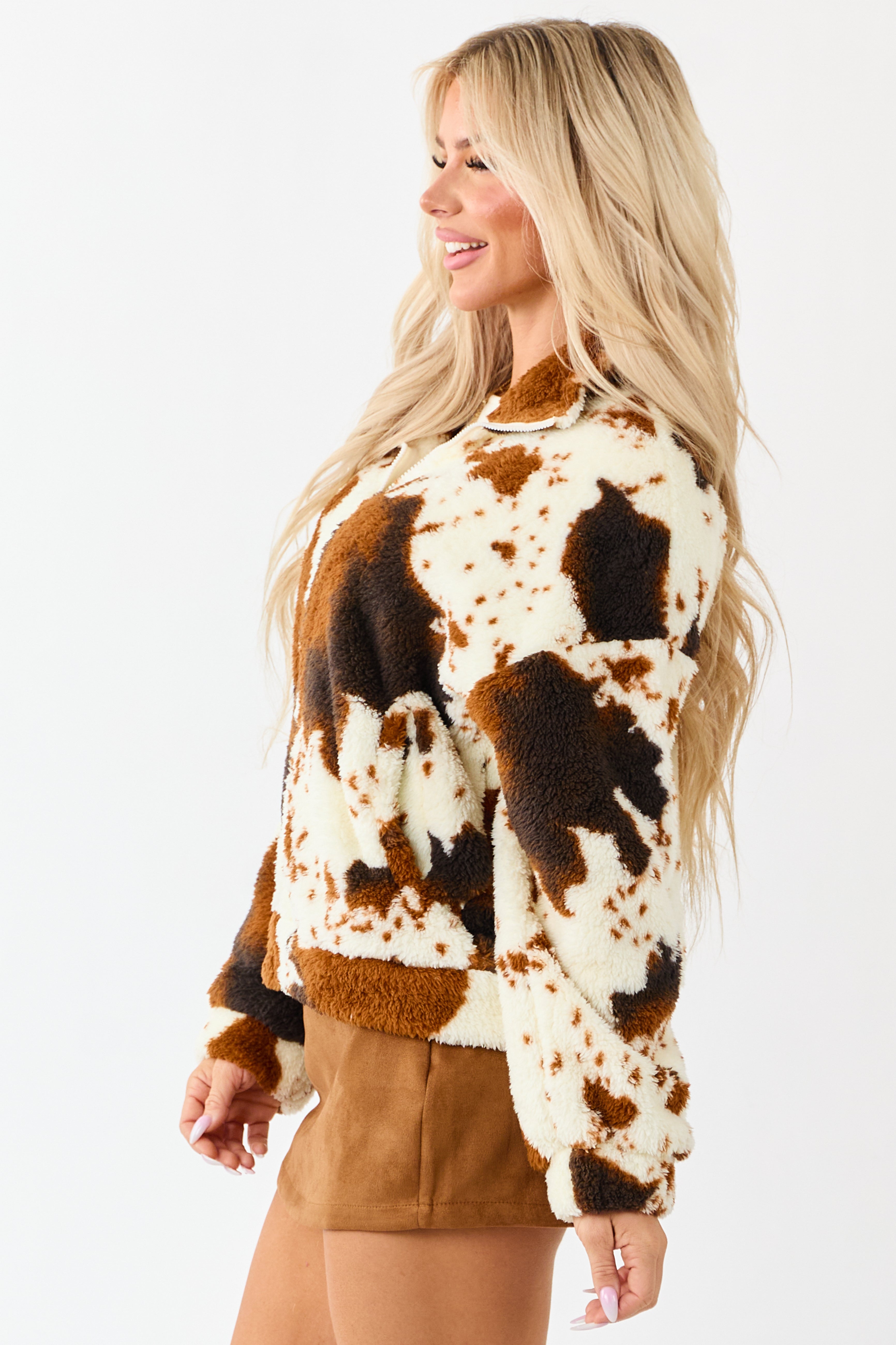 Lovelo Cream Cow Print Sherpa Zip Up Jacket