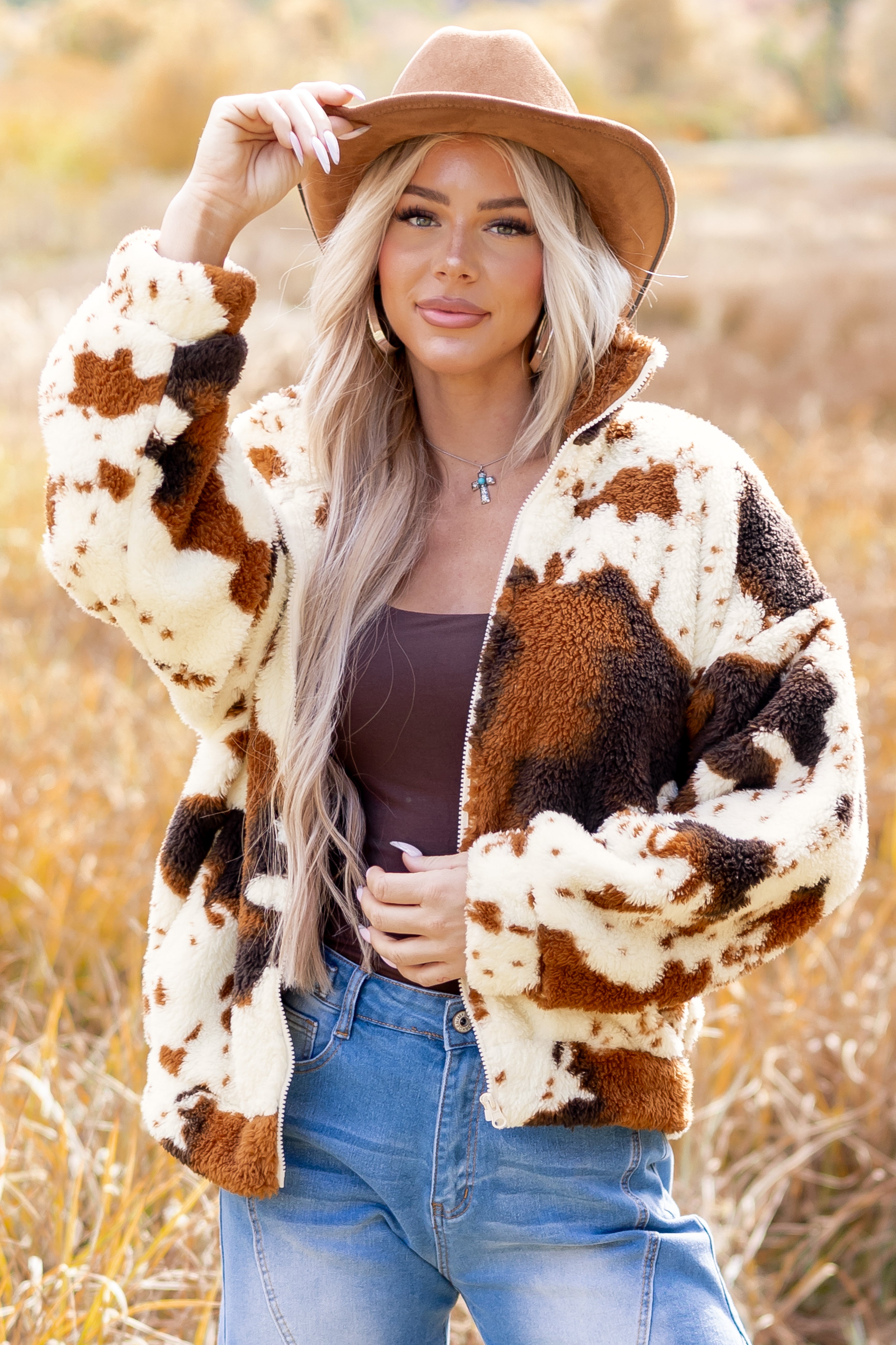 Lovelo Cream Cow Print Sherpa Zip Up Jacket