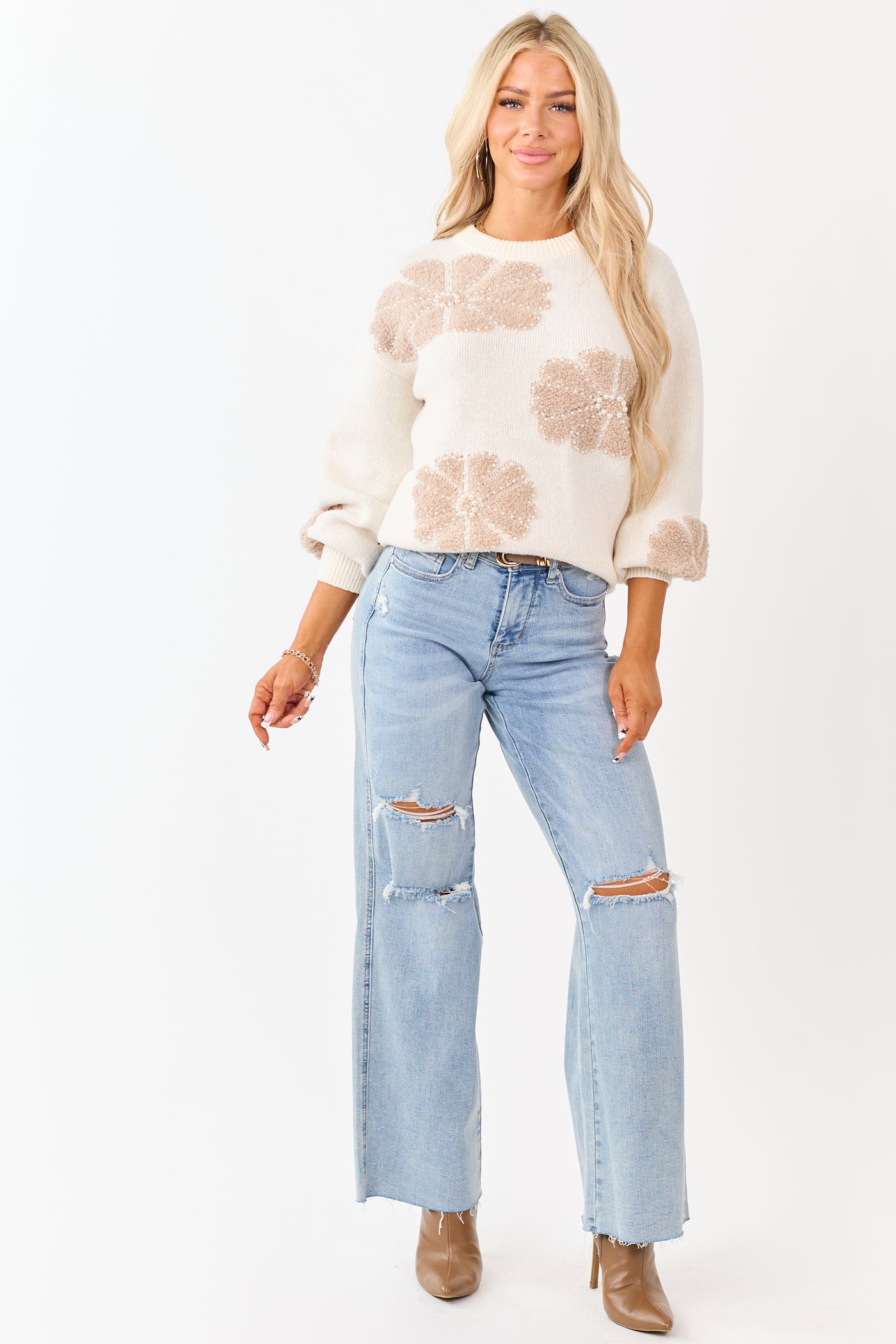 Lovelo Cream Floral Sherpa Pearl Graphic Sweater