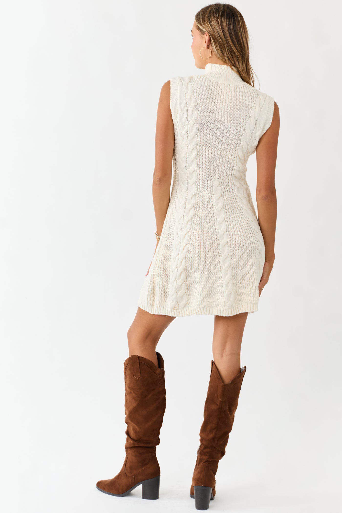 Lovelo Cream Mock Neck Cable Sweater Short Dress
