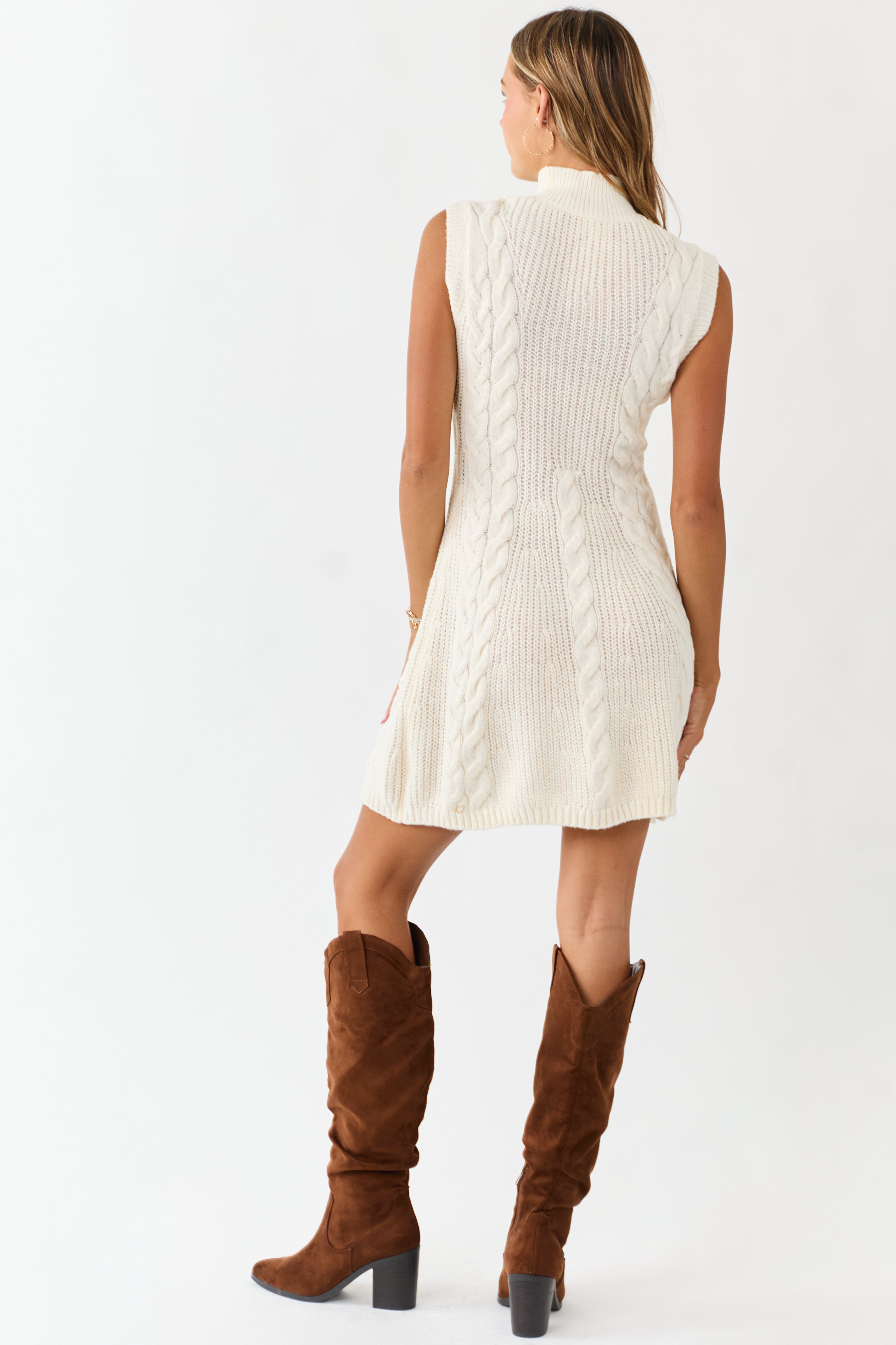 Lovelo Cream Mock Neck Cable Sweater Short Dress