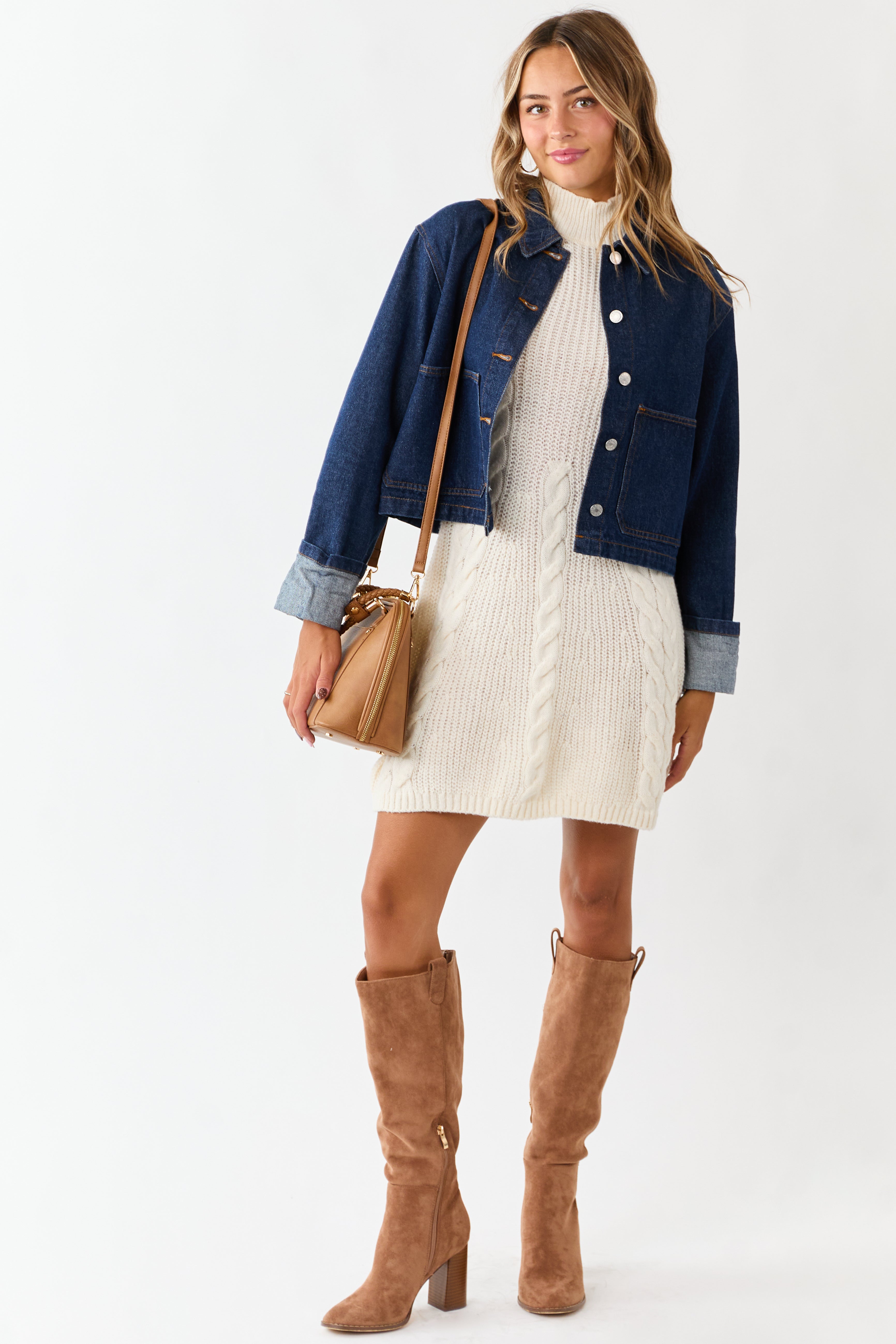 Lovelo Cream Mock Neck Cable Sweater Short Dress