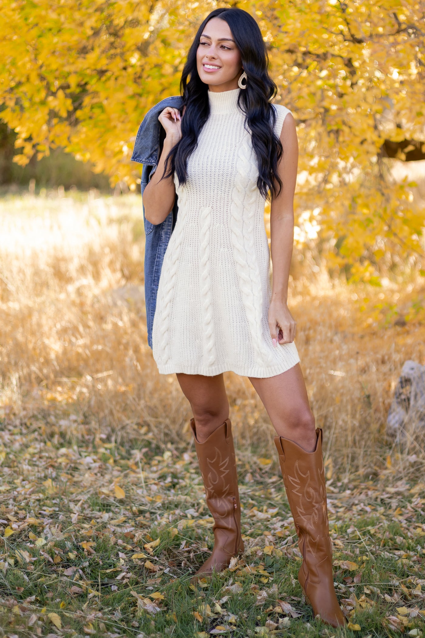 Lovelo Cream Mock Neck Cable Sweater Short Dress