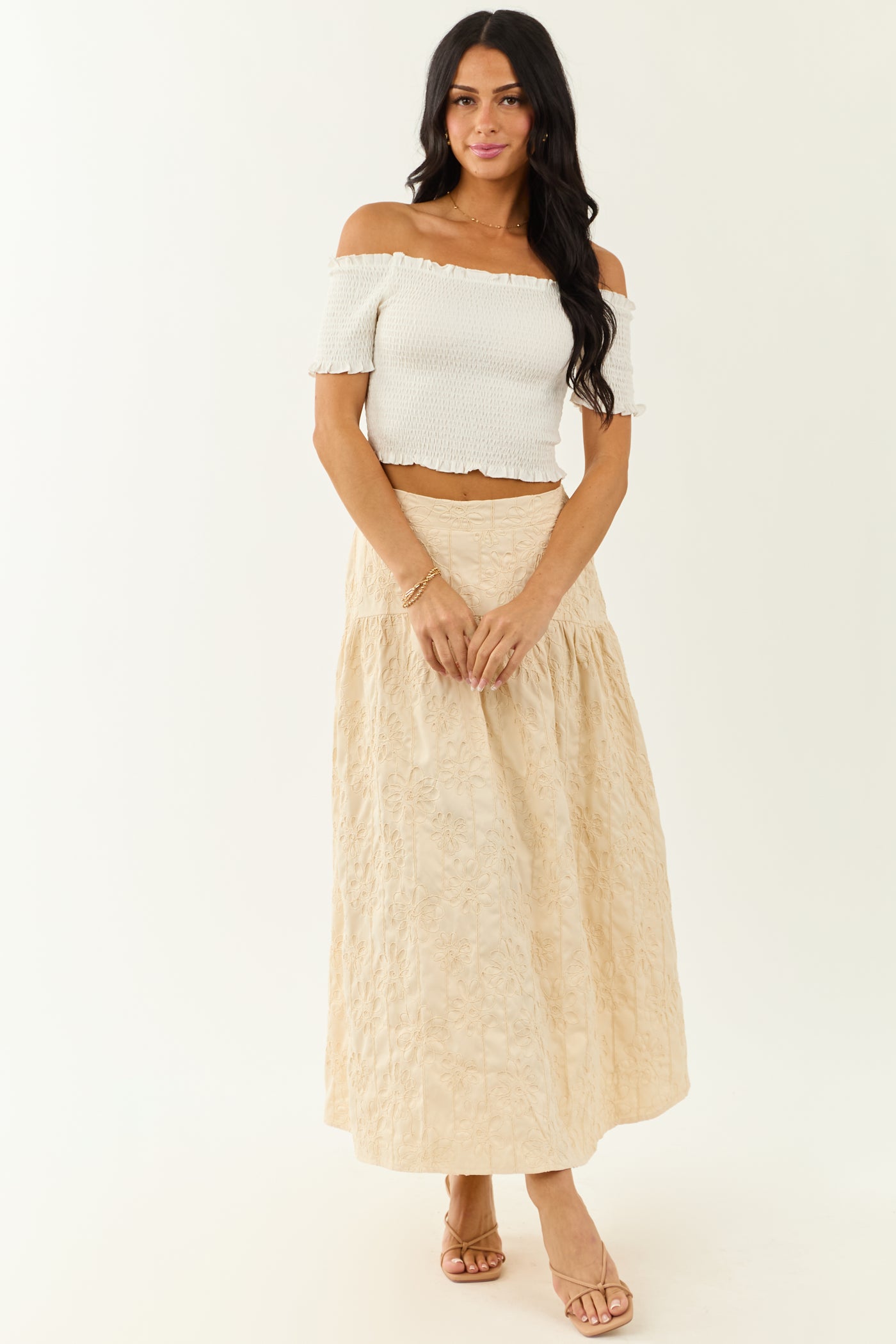 Lovelo Cream Raised Embroidery Maxi Skirt