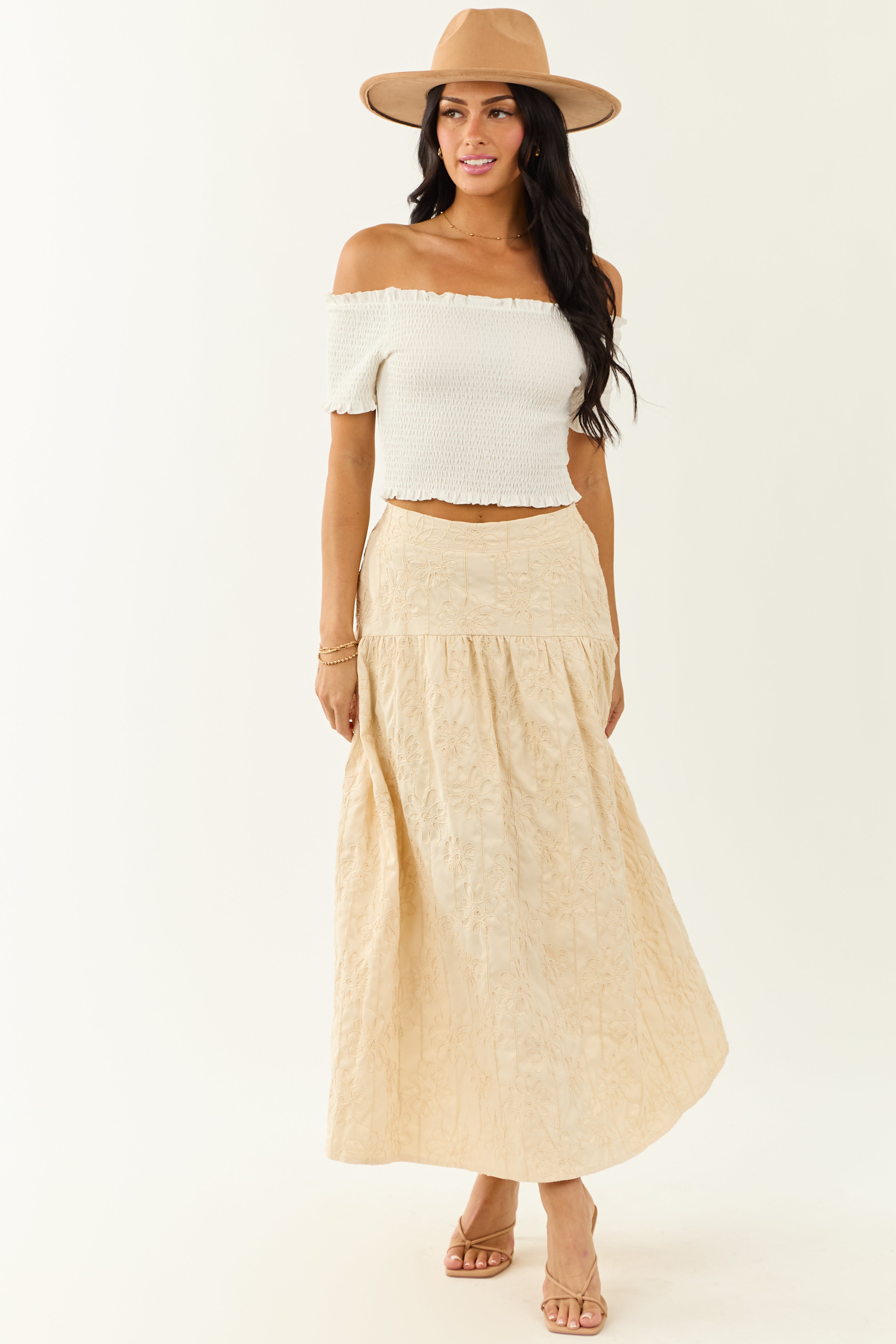 Lovelo Cream Raised Embroidery Maxi Skirt
