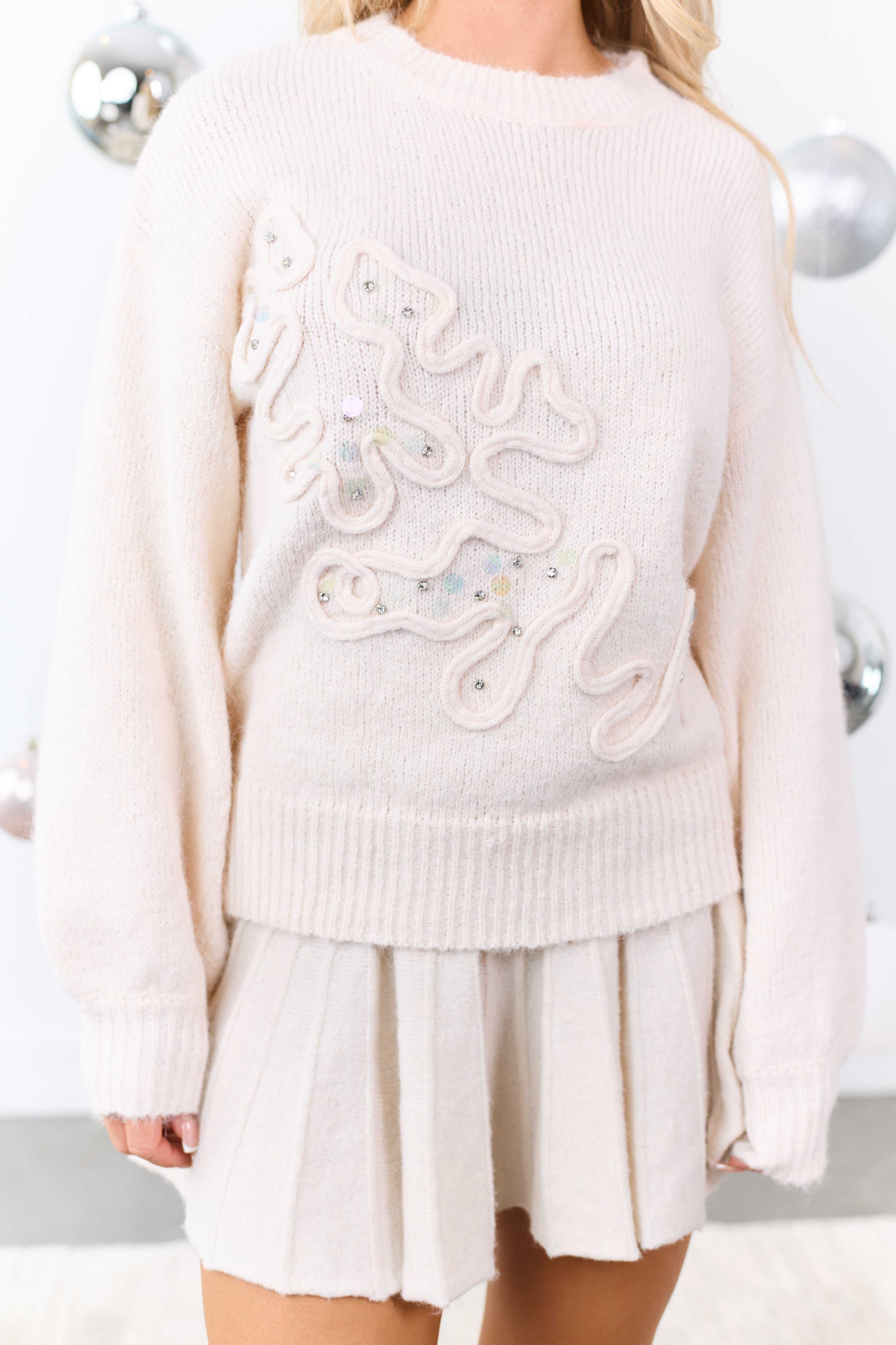 Lovelo Cream Sequin Rhinestone Embellished Sweater
