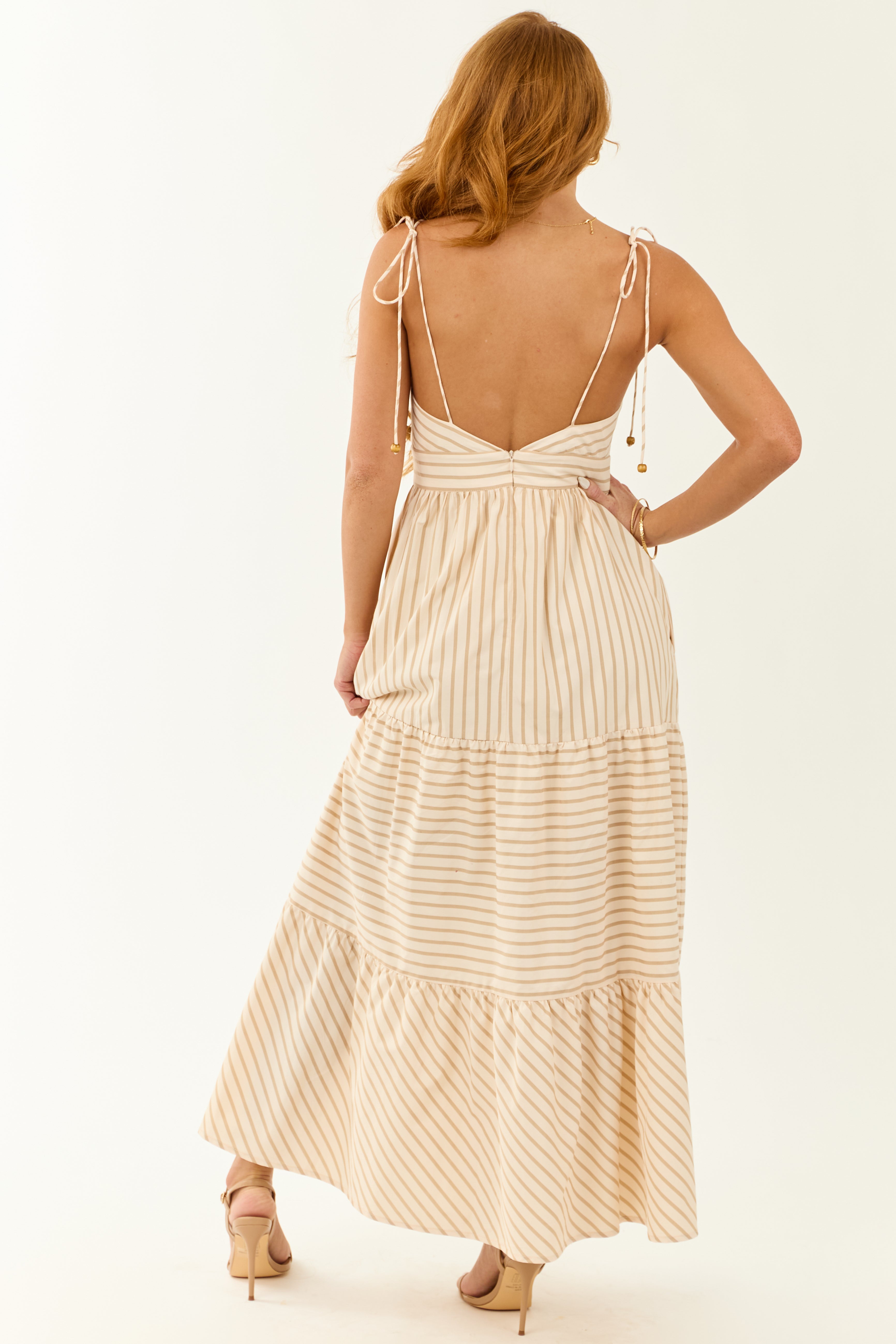 Lovelo Cream Striped Sleeveless Tiered Maxi Dress