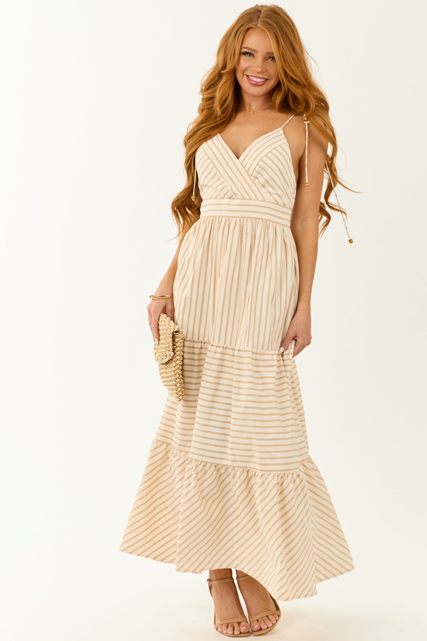 Lovelo Cream Striped Sleeveless Tiered Maxi Dress