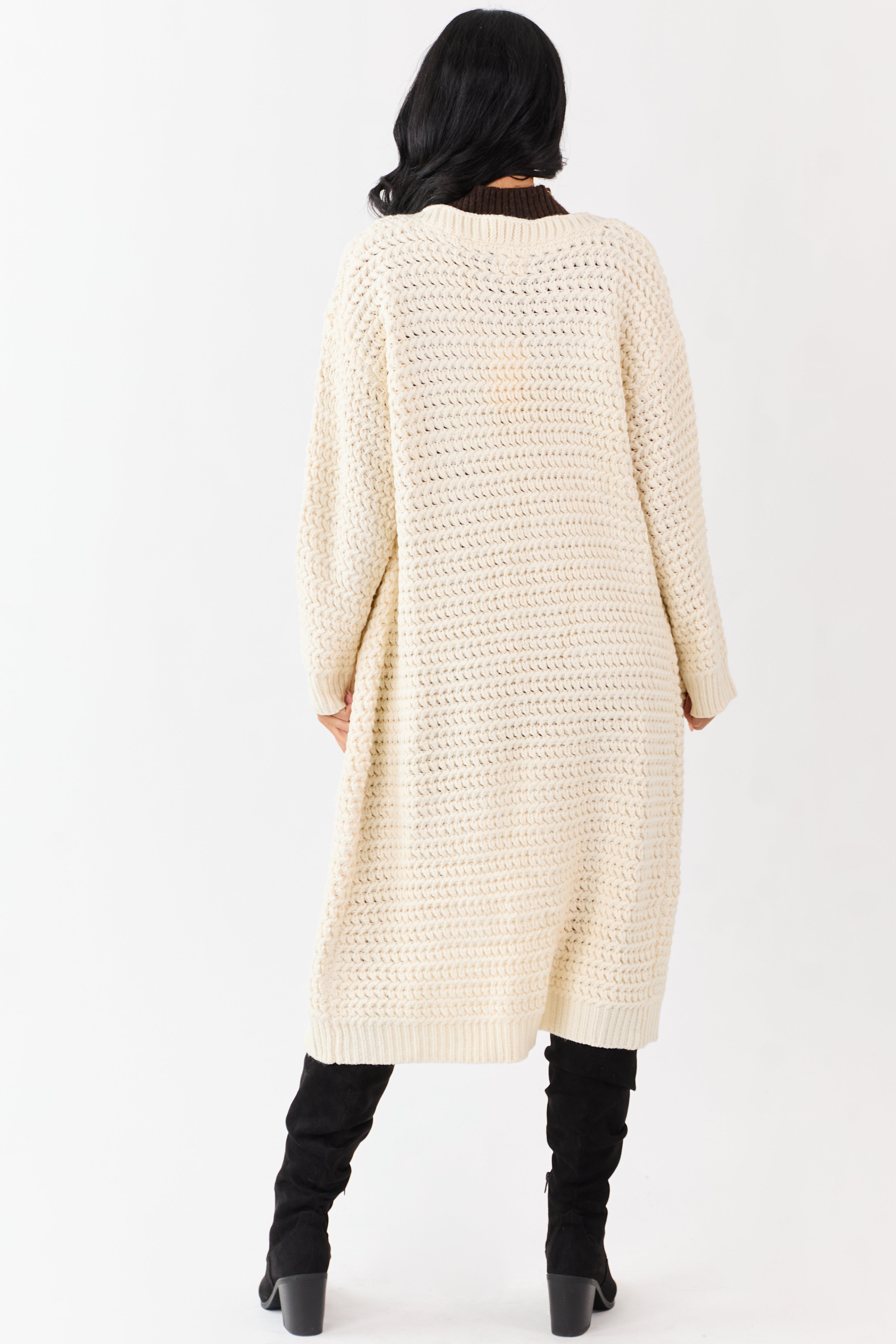 Lovelo Cream Waffle Knit Open Front Duster Cardigan