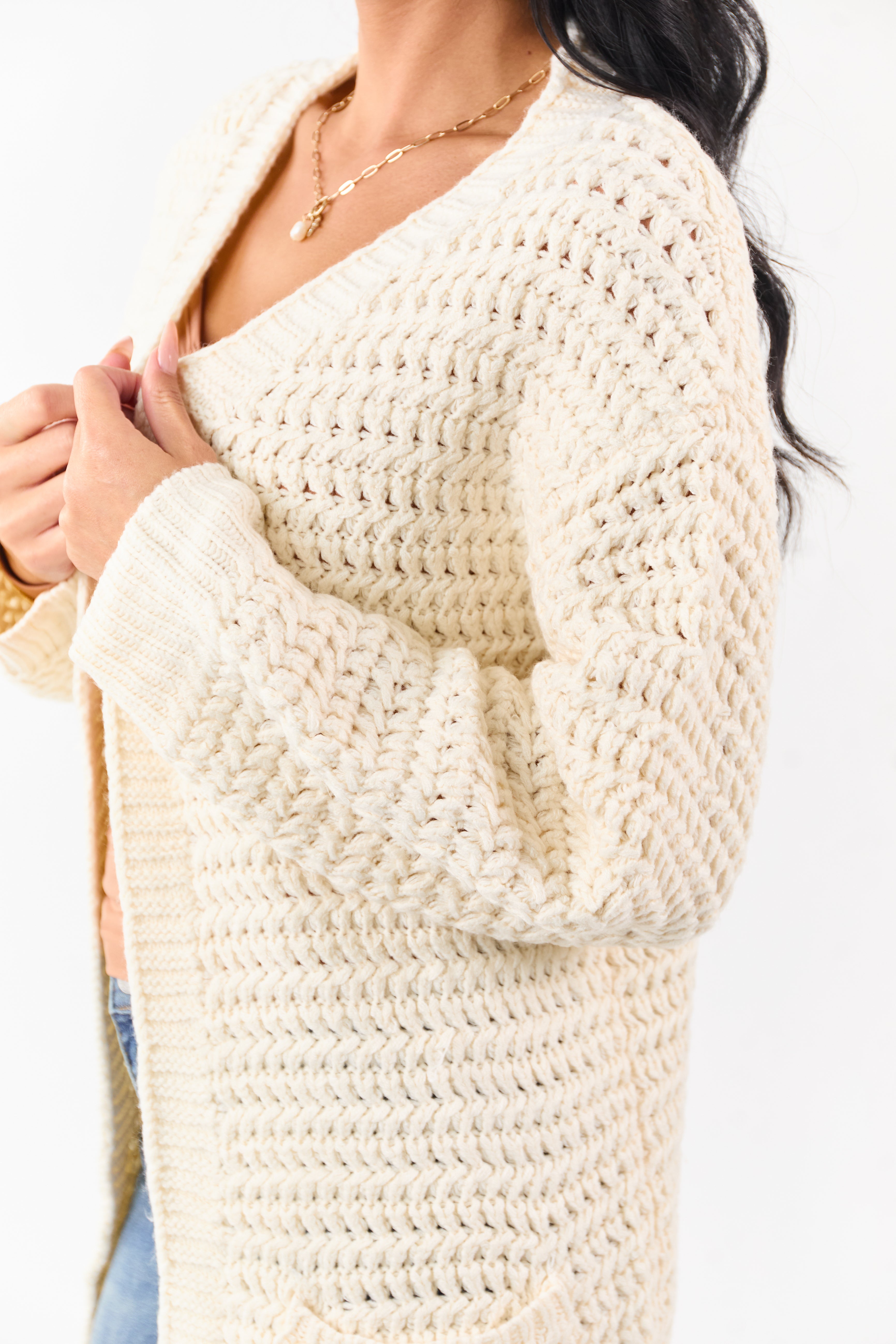 Lovelo Cream Waffle Knit Open Front Duster Cardigan