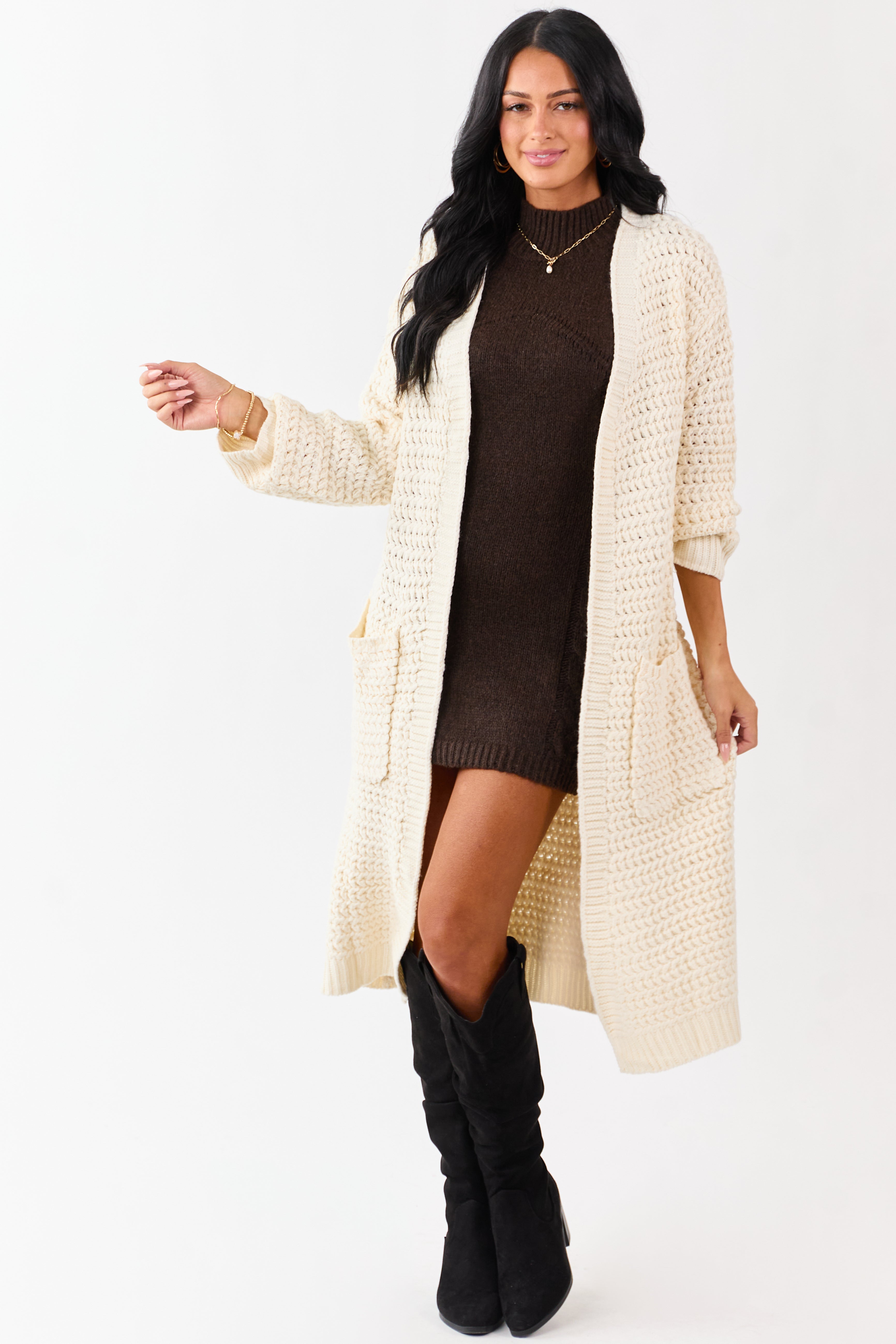 Lovelo Cream Waffle Knit Open Front Duster Cardigan | Lime Lush