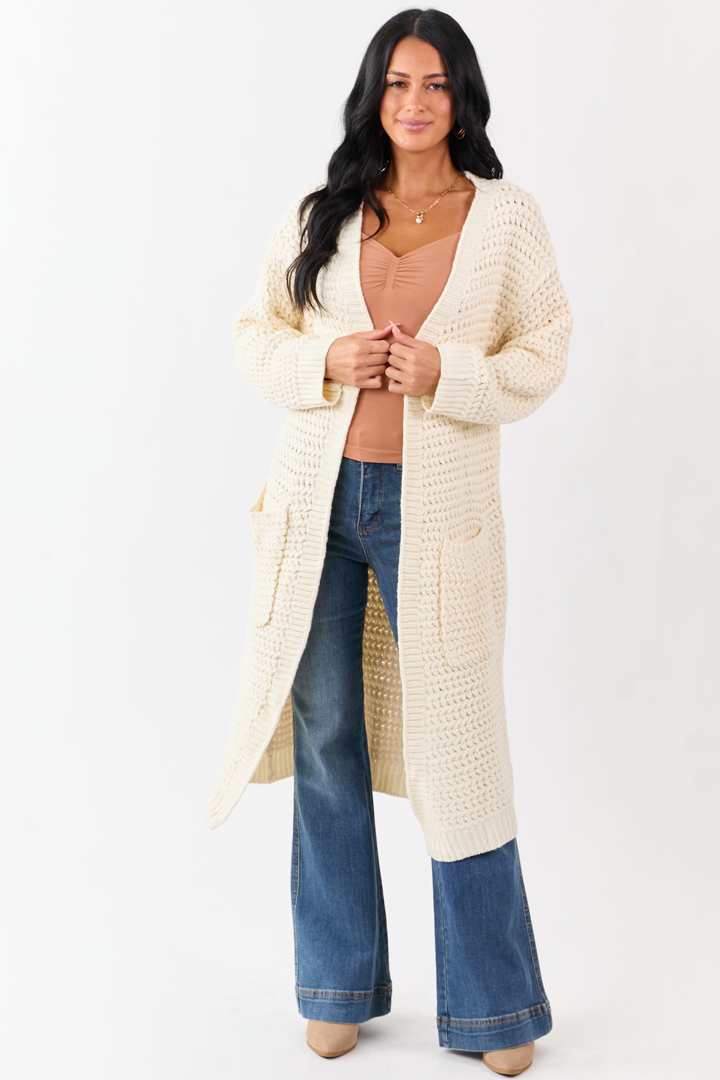 Lovelo Cream Waffle Knit Open Front Duster Cardigan