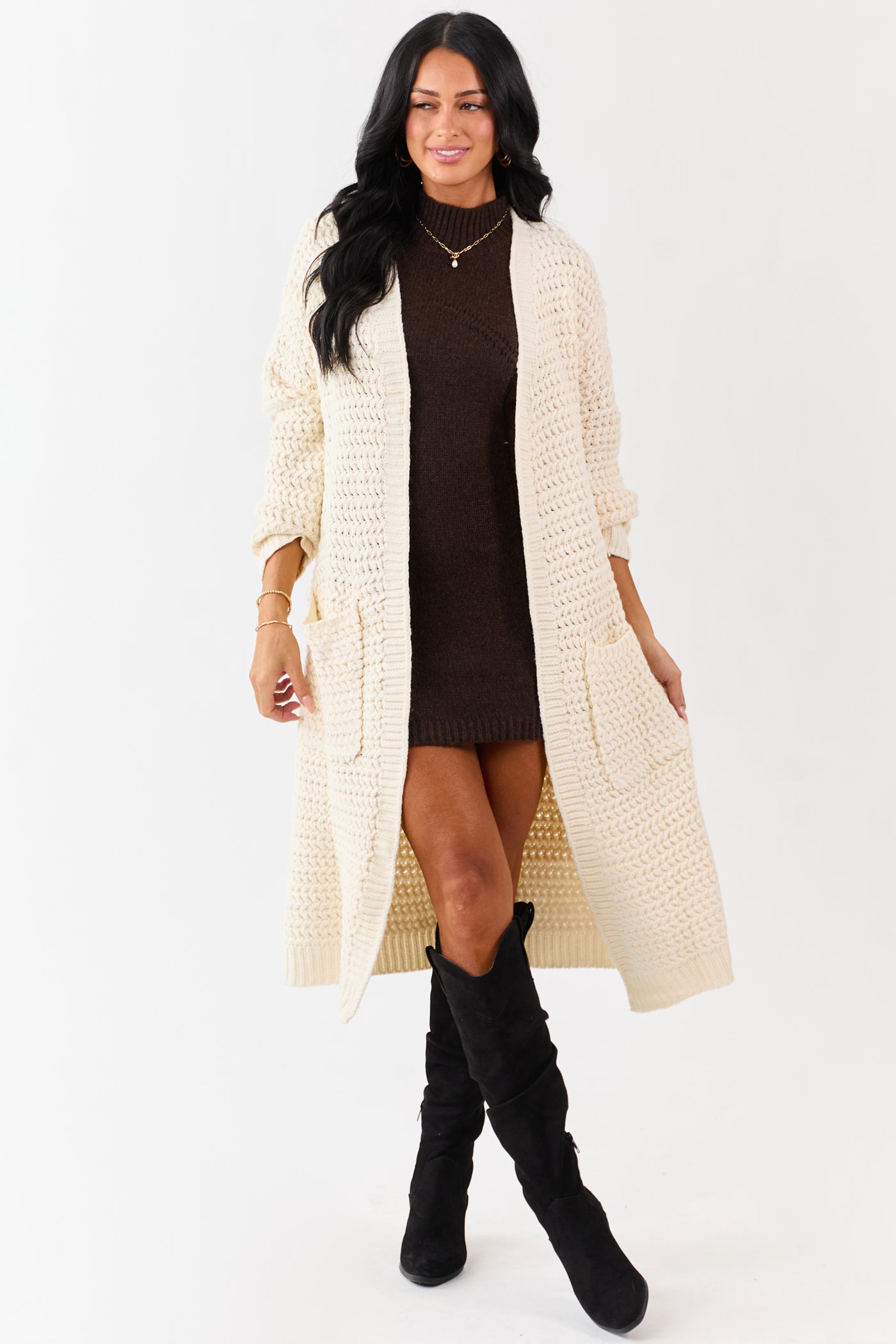 Lovelo Cream Waffle Knit Open Front Duster Cardigan